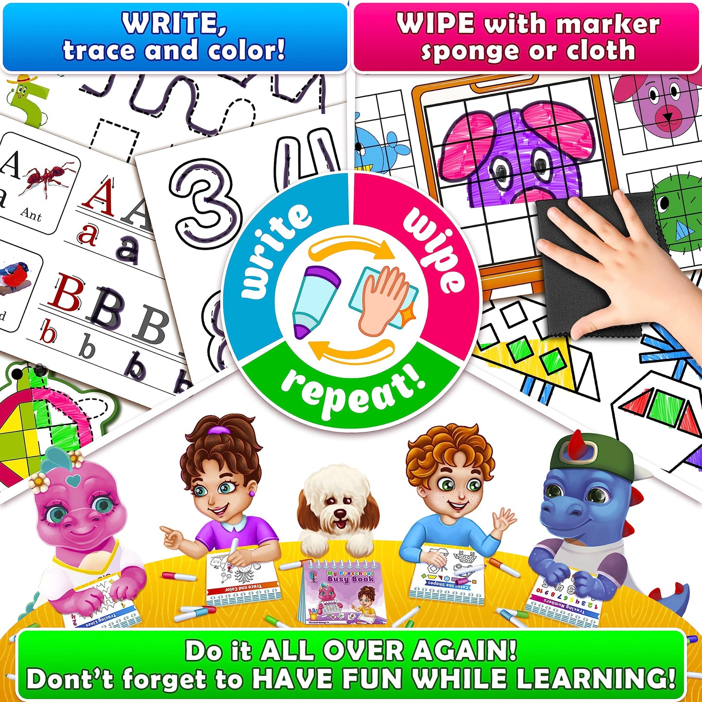 Curious 2 Learn Montessori Busy Book for Toddlers 3–5 | 28 Activities, Travel Bag, 8 Markers