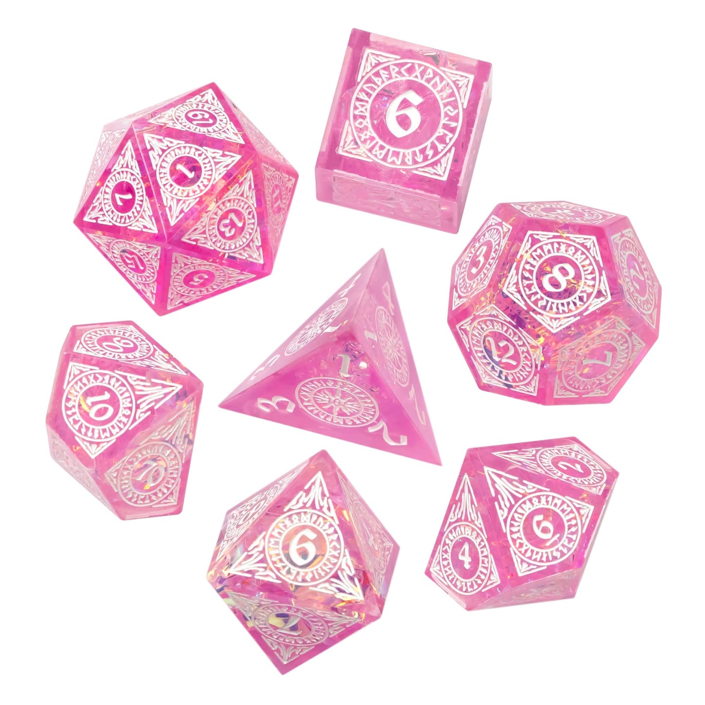 Cusdie 7-Piece Pink DND Dice Set – Sharp Edges, Handcrafted Rune-Inspired Resin Dice