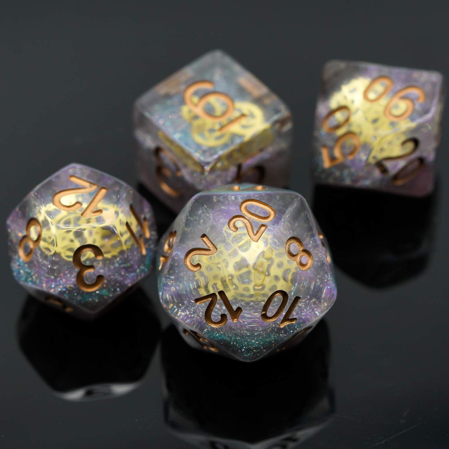 Cusdie Gear-Filled Galaxy DND Dice Set with Golden Gears | Polyhedral Dice