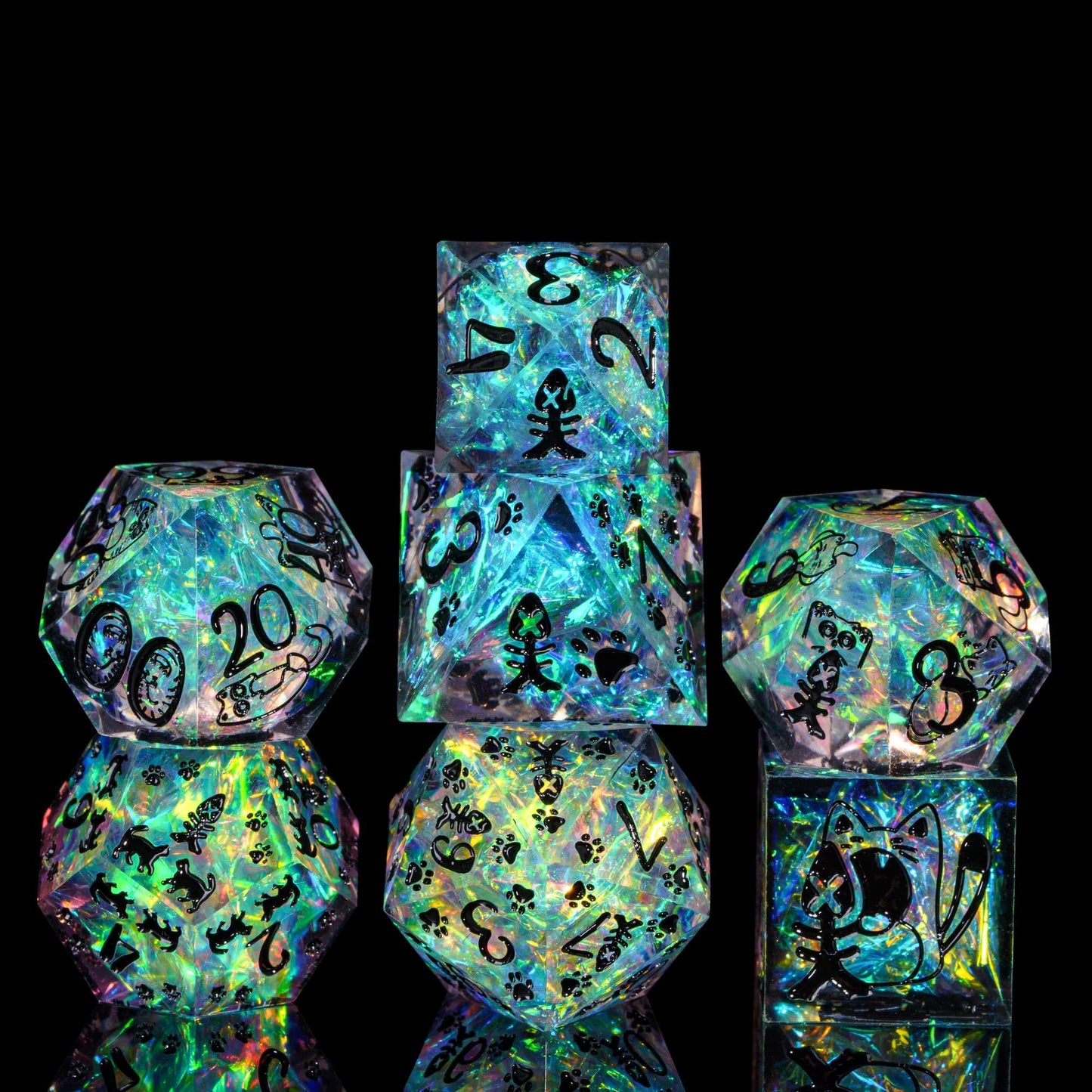 Cusdie 7-Die Sharp Edges DND Dice Set with Cat Pattern