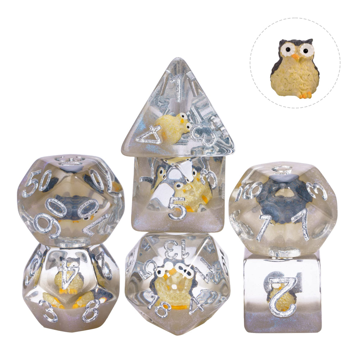 Cusdie 7-Die DND Dice Set – Owl-Filled Polyhedral Dice for D&D RPG