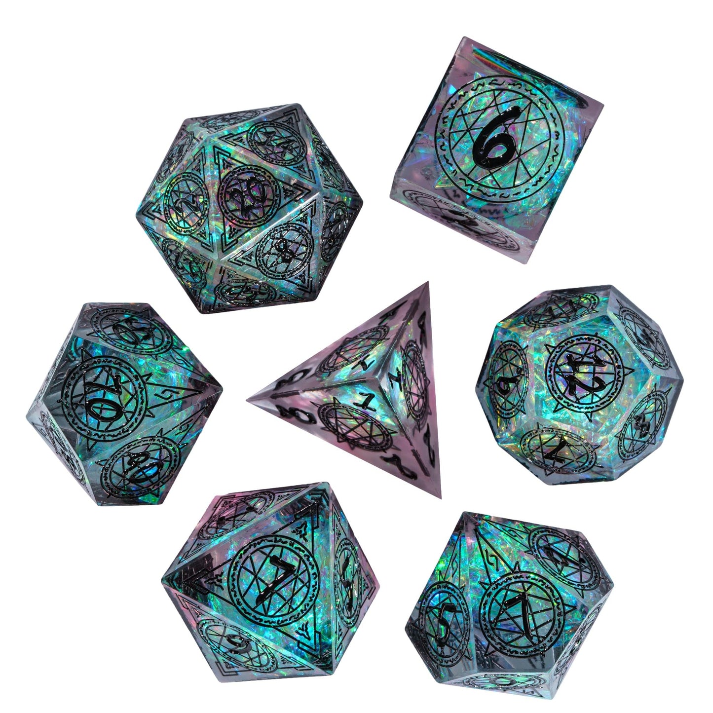 Cusdie 7-Die Sharp Edges D&D Dice Set — Magic Circle Pattern Polyhedral Dice for TTRPGs