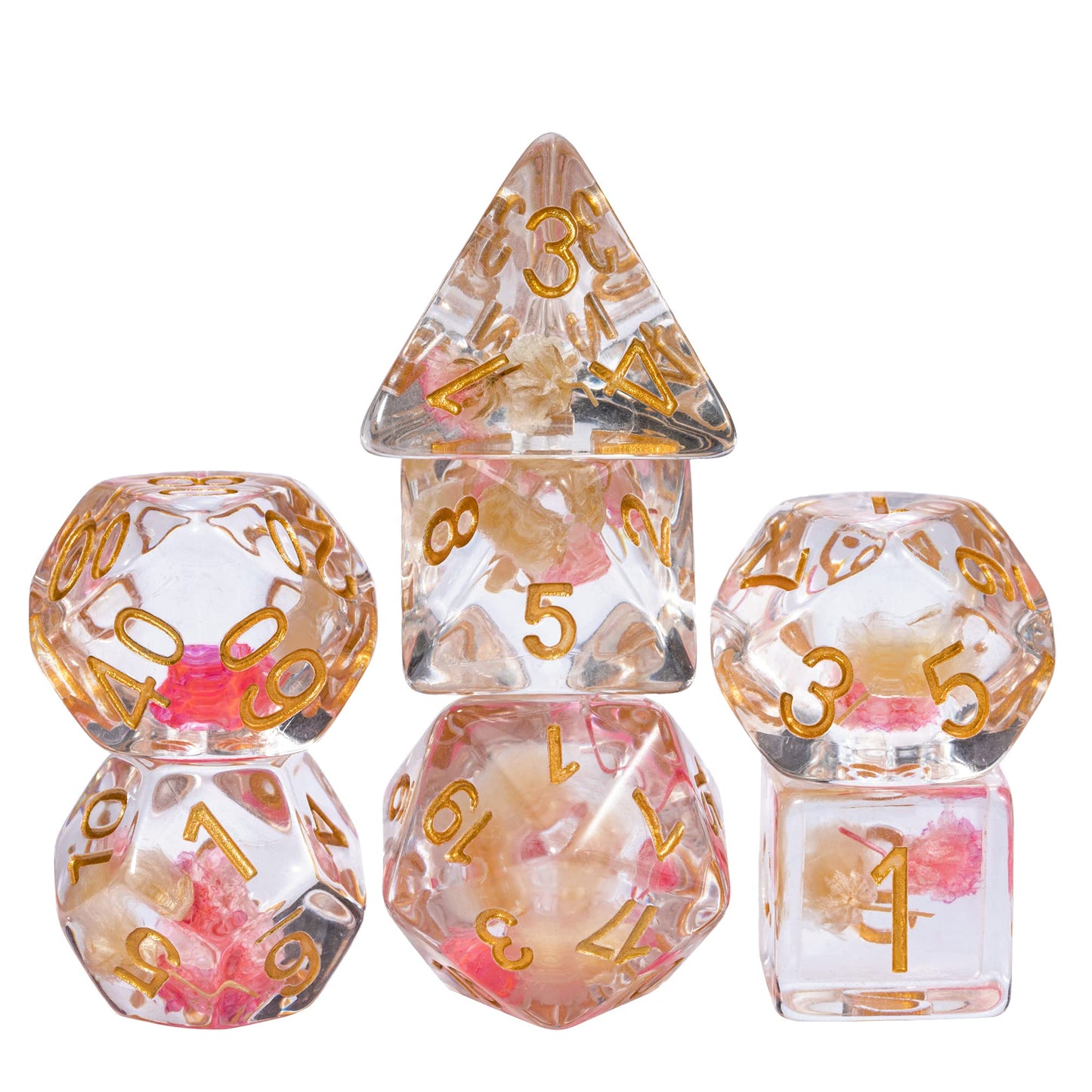 Cusdie 7-Die DND Dice: Flower-Filled Rose & White Polyhedral Dice with Golden Numbers