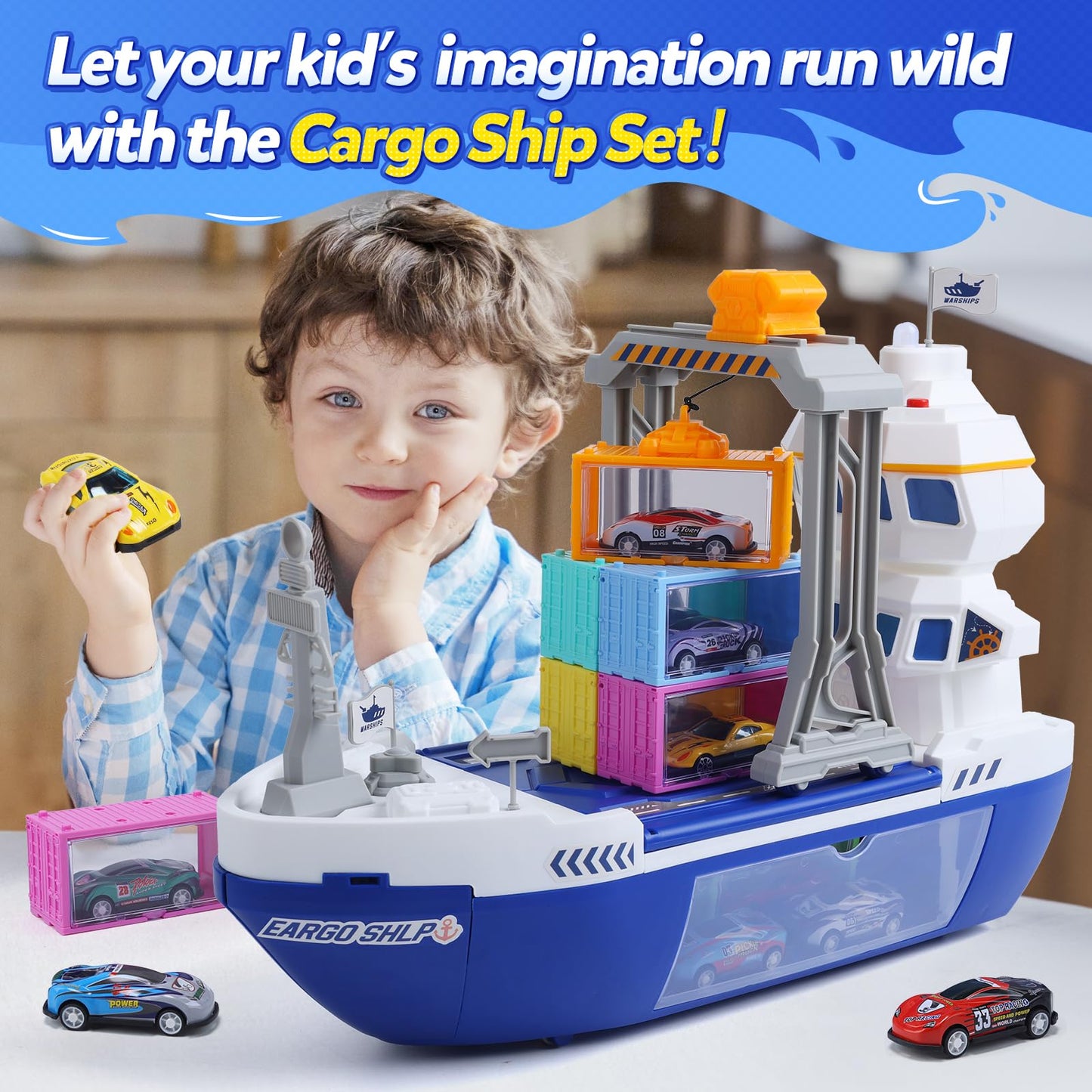 CUTE STONE Cargo Ship Toy with Gantry Crane, Lights & Sounds | Indoor Playset