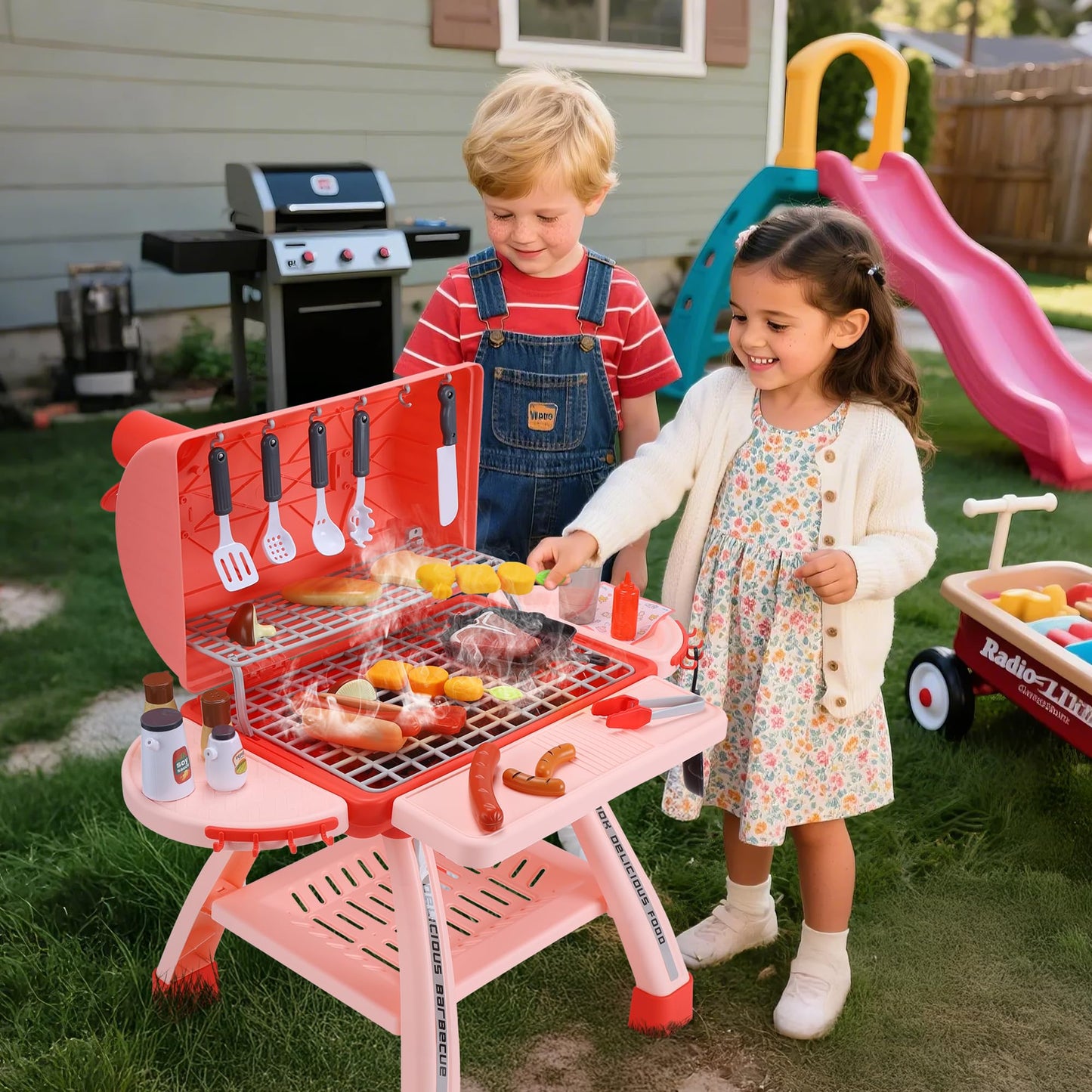 CUTE STONE BBQ for Kids — 25-Inch Grill Playset with Sound, Lights & Mist