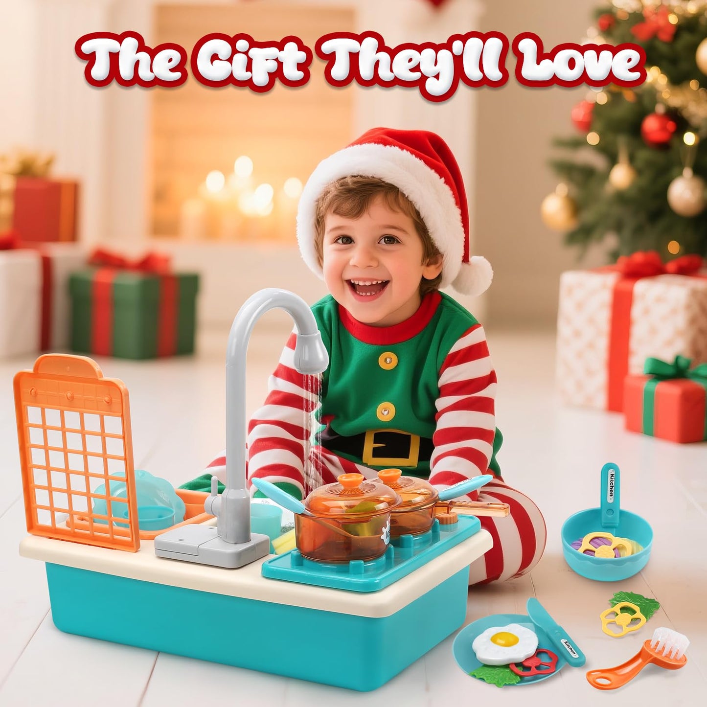 CUTE STONE Play Kitchen Sink Toy Set with Real Faucet – Color Changing Dishes, Stove & Cookware for Kids