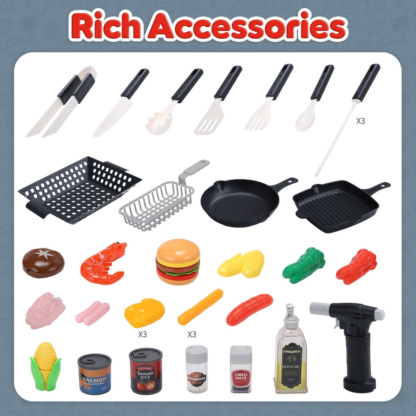 CUTE STONE Kids BBQ Grill Toy – Color-Changing Food, Mist Spray & Sizzling Sounds on a 2-Tier Wheel Grill