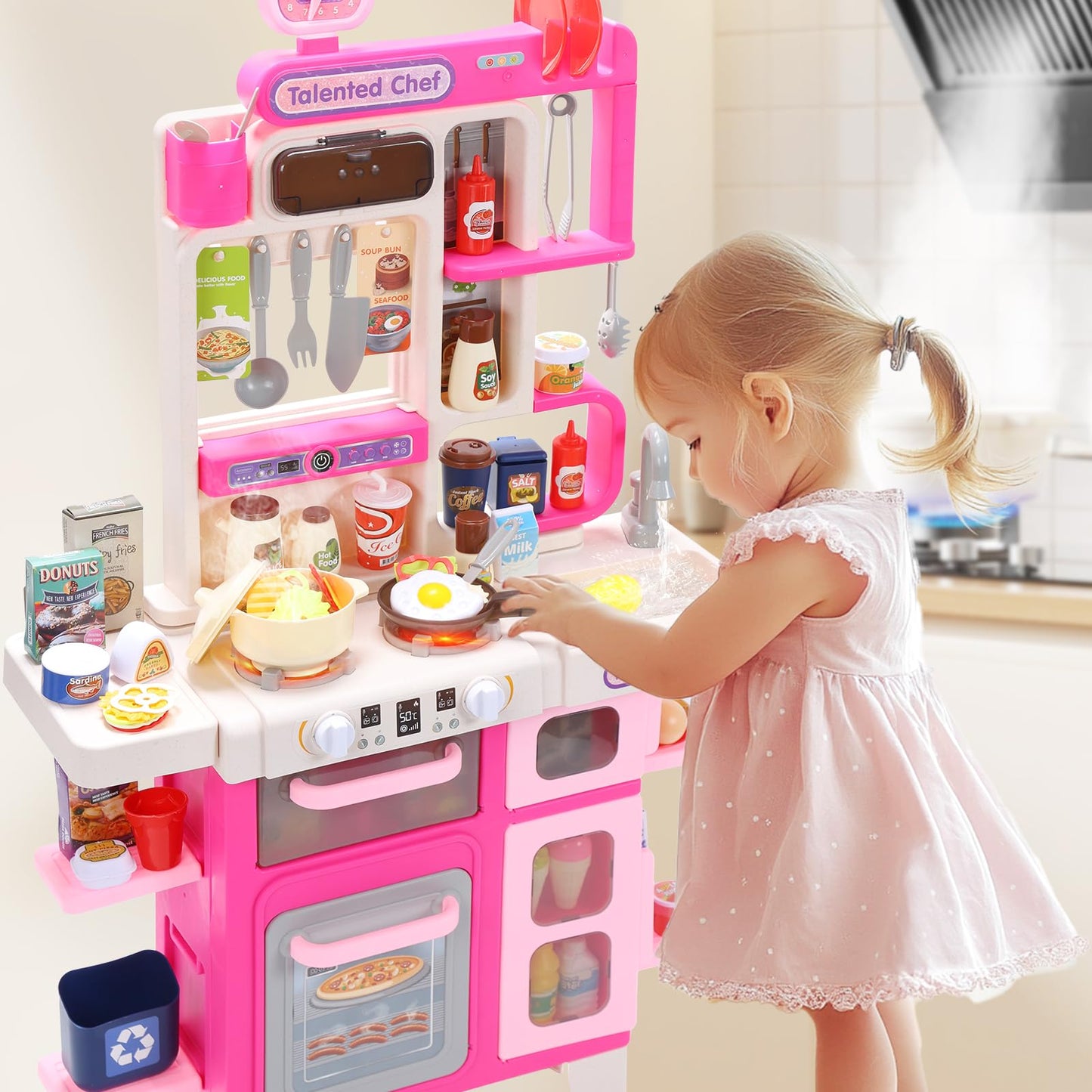 CUTE STONE Kids Kitchen Playset – Interactive Stove, Sink & Accessories (Pink)