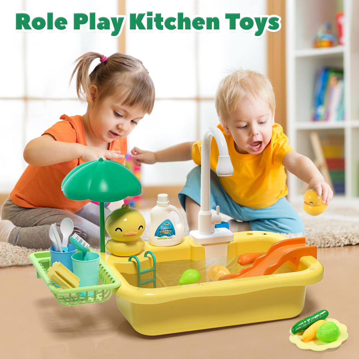 CUTE STONE Play Sink with Running Water – Kitchen Playset with Food, Utensils & Fishing Toys