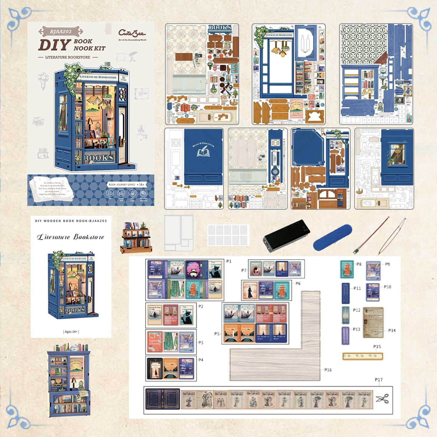 CUTEBEE DIY Book Nook Kit — Miniature House Kit with Sensor LED Light