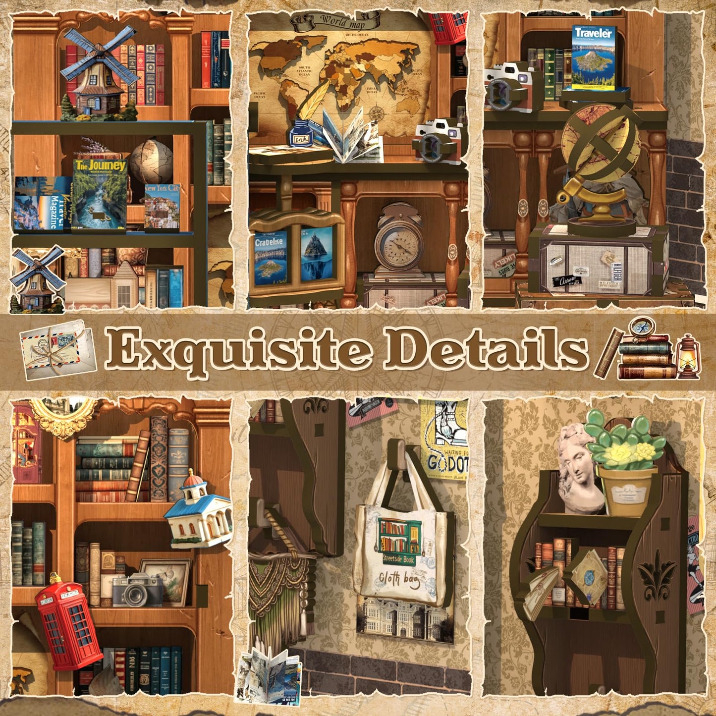 CUTEBEE Book Nook Kit – Travel-Themed DIY Miniature House for Adults & Teens | Journey Trace Bookshop