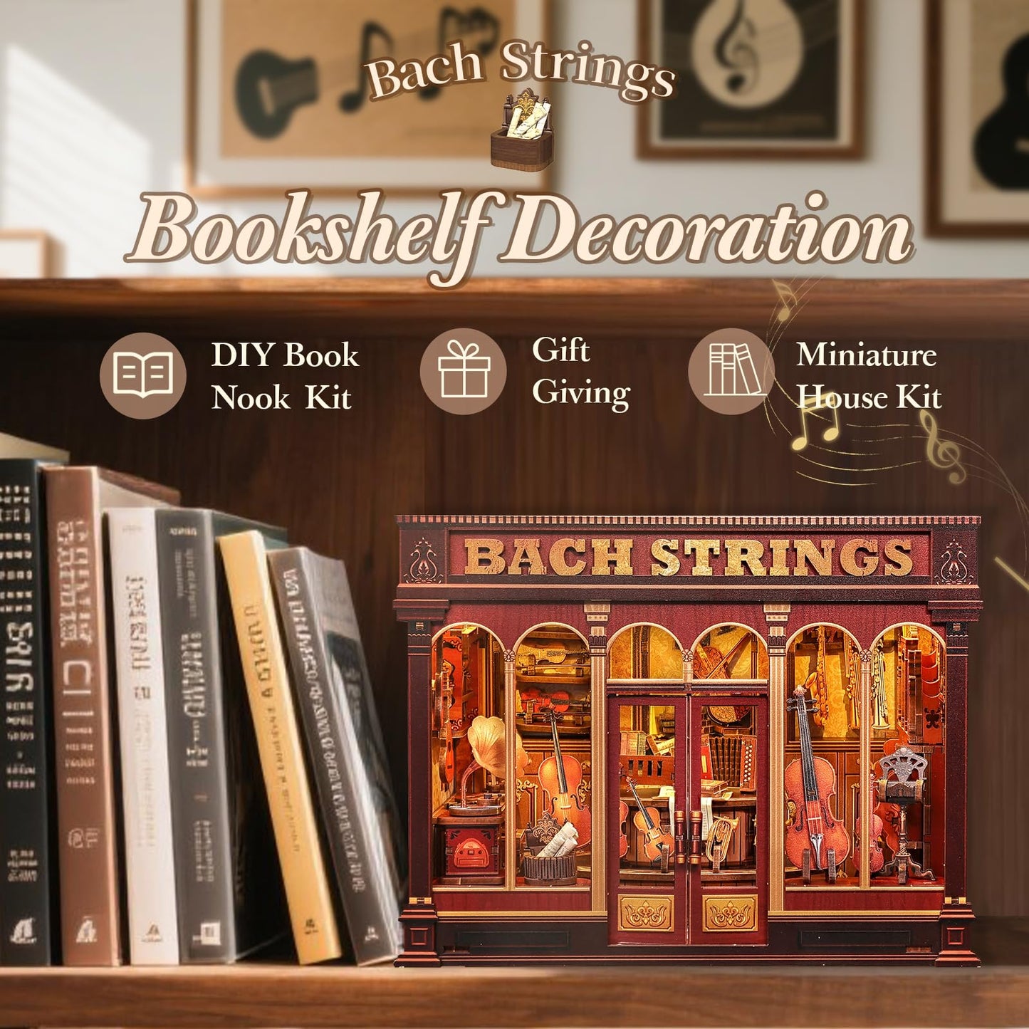 CUTEBEE Book Nook Kit – DIY Miniature Japanese House Dollhouse for Adults & Teens | 3D Wooden Puzzle & Bookshelf Decor (Bach Strings)