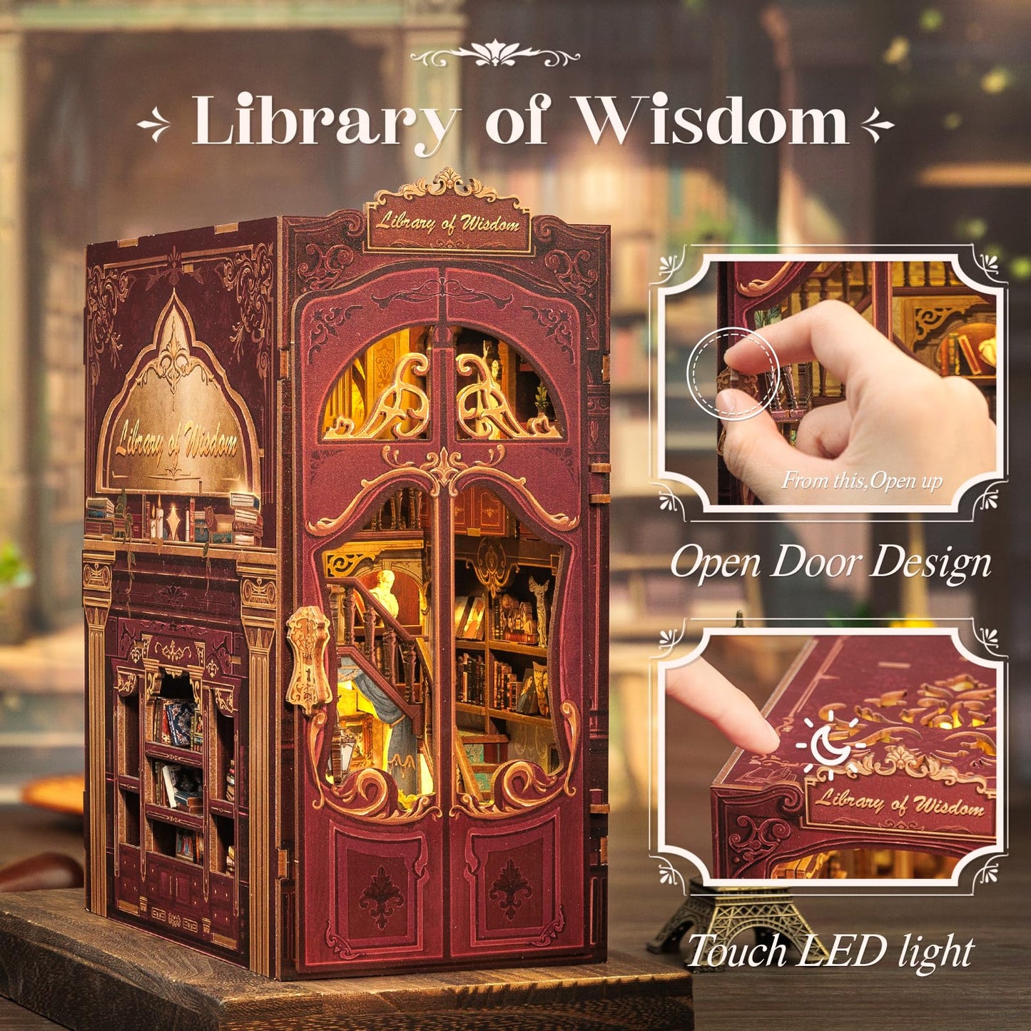 CUTEBEE Book Nook Kit - DIY Miniature Library of Wisdom Dollhouse for Bookshelves
