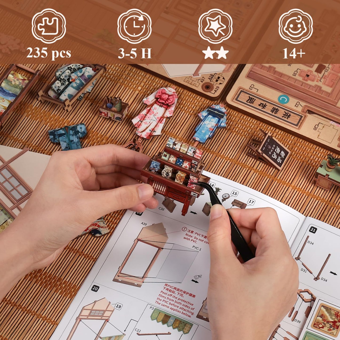 CUTEBEE Book Nook Kit: Japanese Sakura Kimono Shop 3D Wooden Puzzle with LED