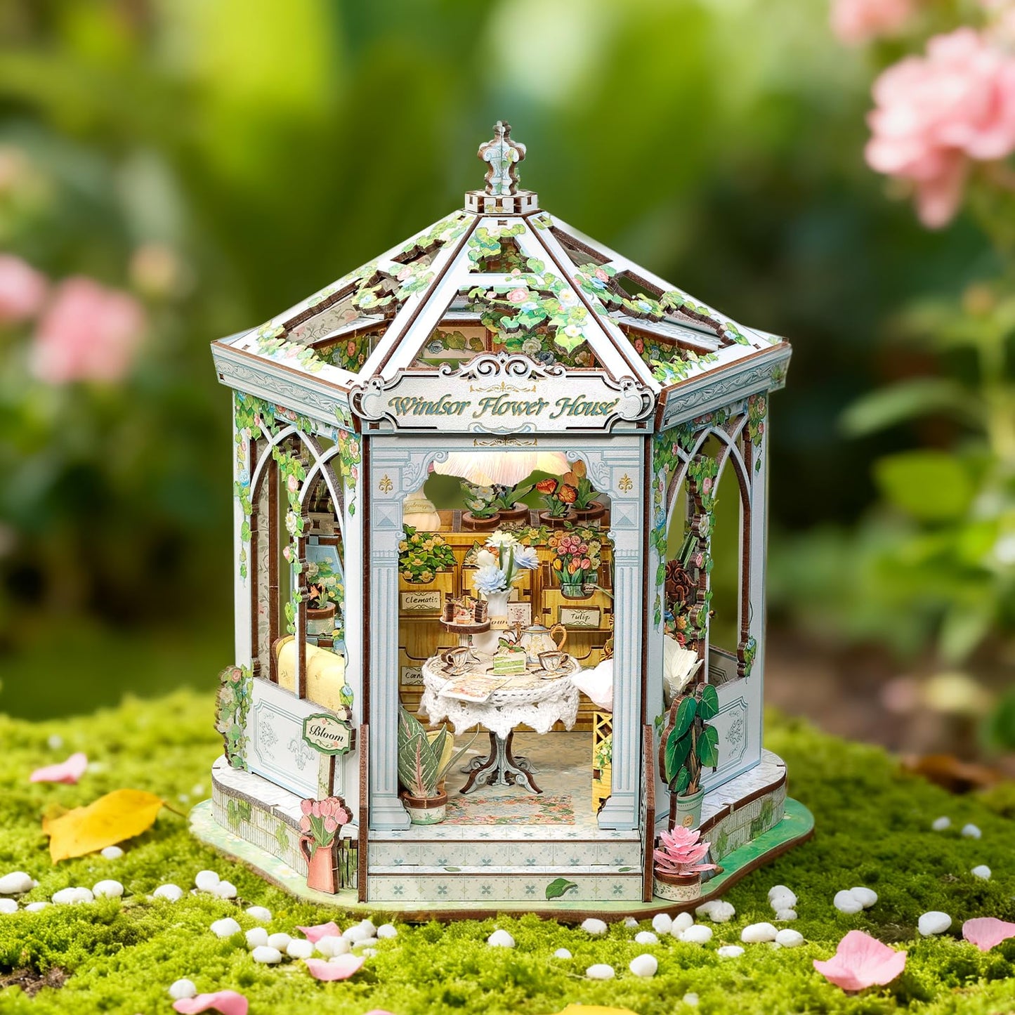 CUTEBEE Windsor Flower House Kit – DIY 3D Miniature Dollhouse with LED Lights