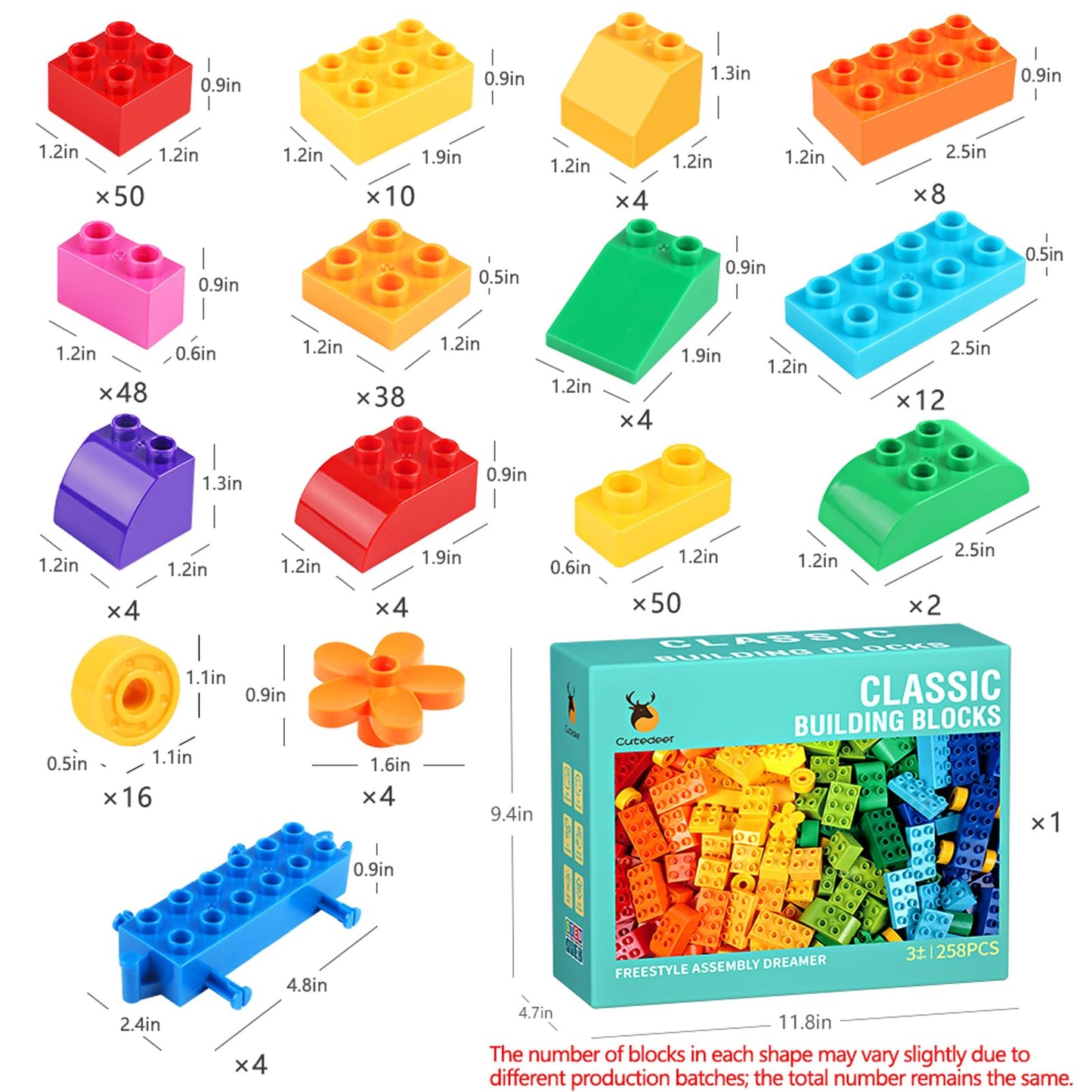 Cutedeer 258-Piece Classic Big Building Blocks Set – Compatible with All Major Brands | STEM Toys for Kids