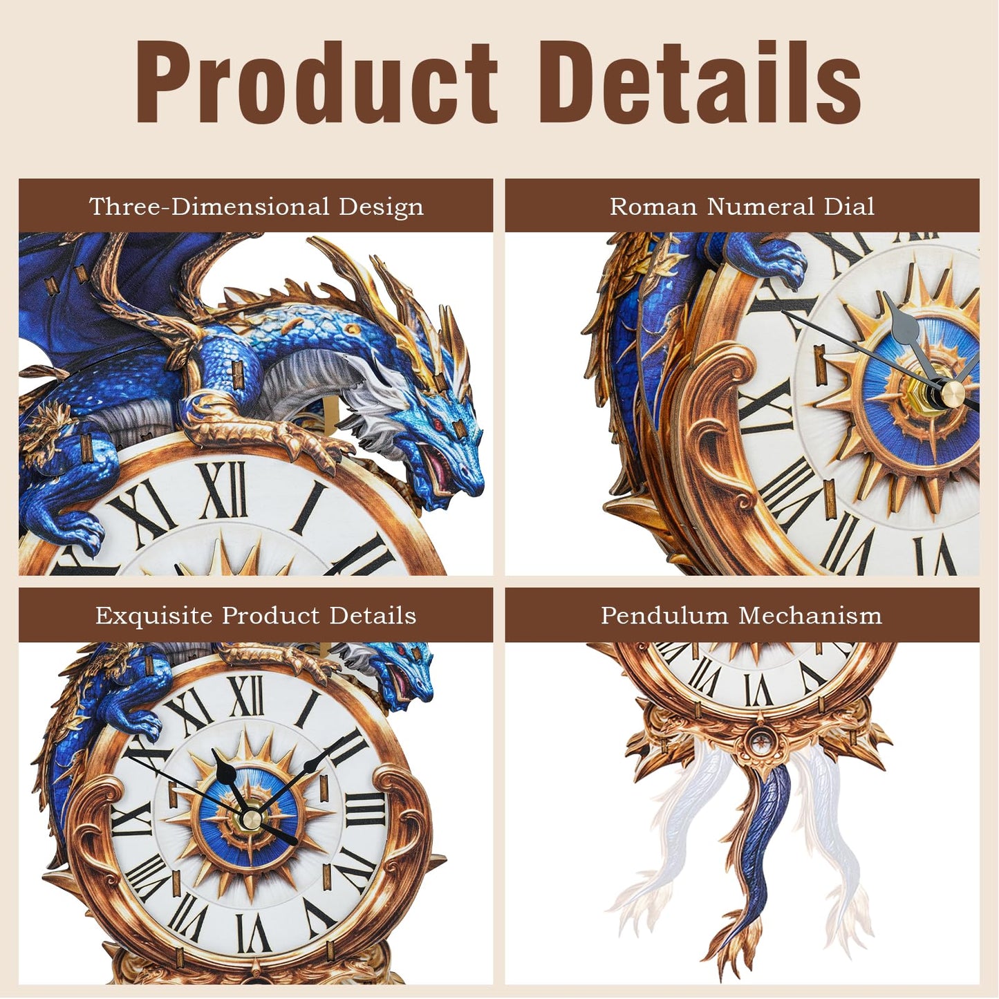 Cutywood 3D Puzzles for Adults: Clock-Blue Dragon Design – Mechanical DIY Pendulum Clock Kit