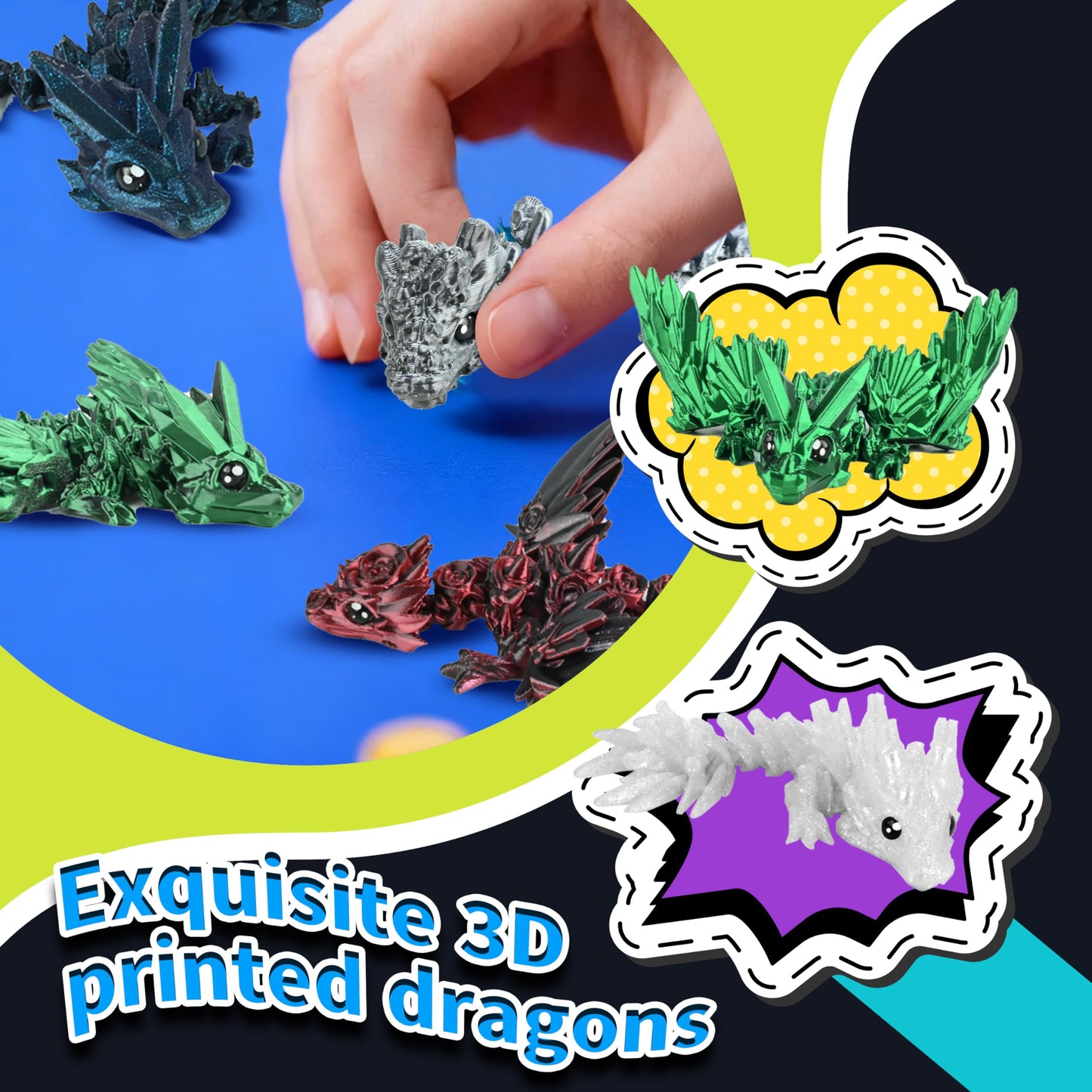 Cybermaker 12-Piece Black Series Dragon Set | Articulated 3D Printed Dragons for Desk Decor & Fidget Toys