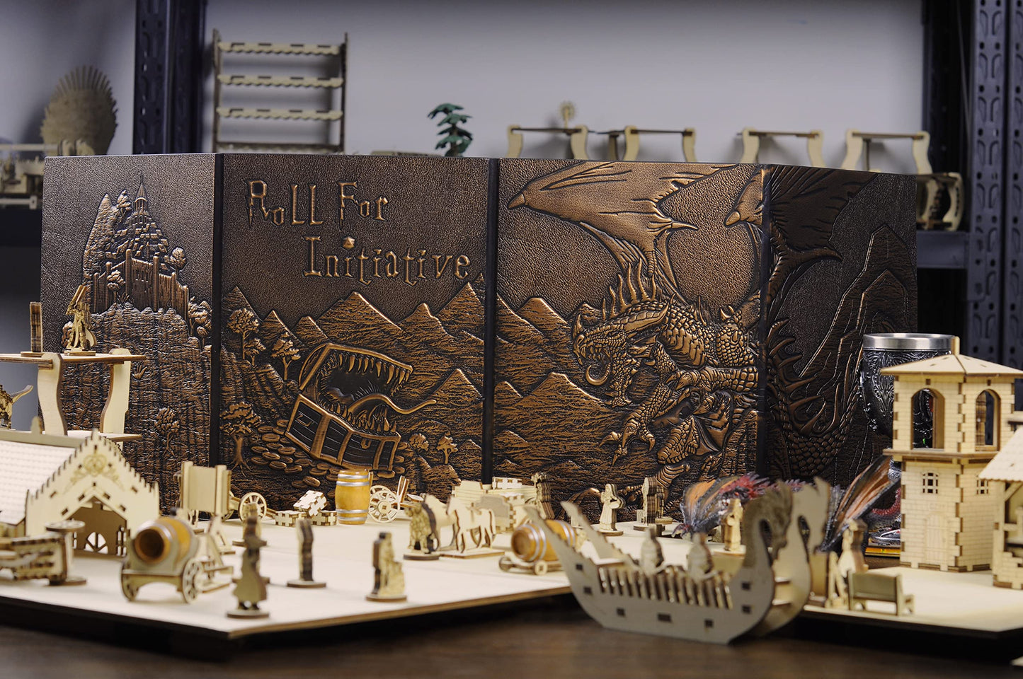 CZYY DND Dungeon Master Screen – Faux Leather Embossed Dragon & Mimic, Four-Panel with Pockets