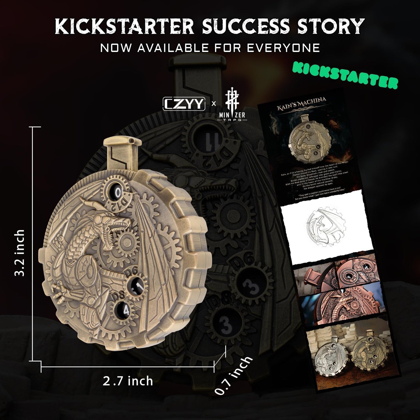CZYY MinZerTRPG Roulette Dice 3.0 – Steampunk Dragon Spinner 7-in-1 Zinc Alloy RPG Dice Set + Leather Pouch