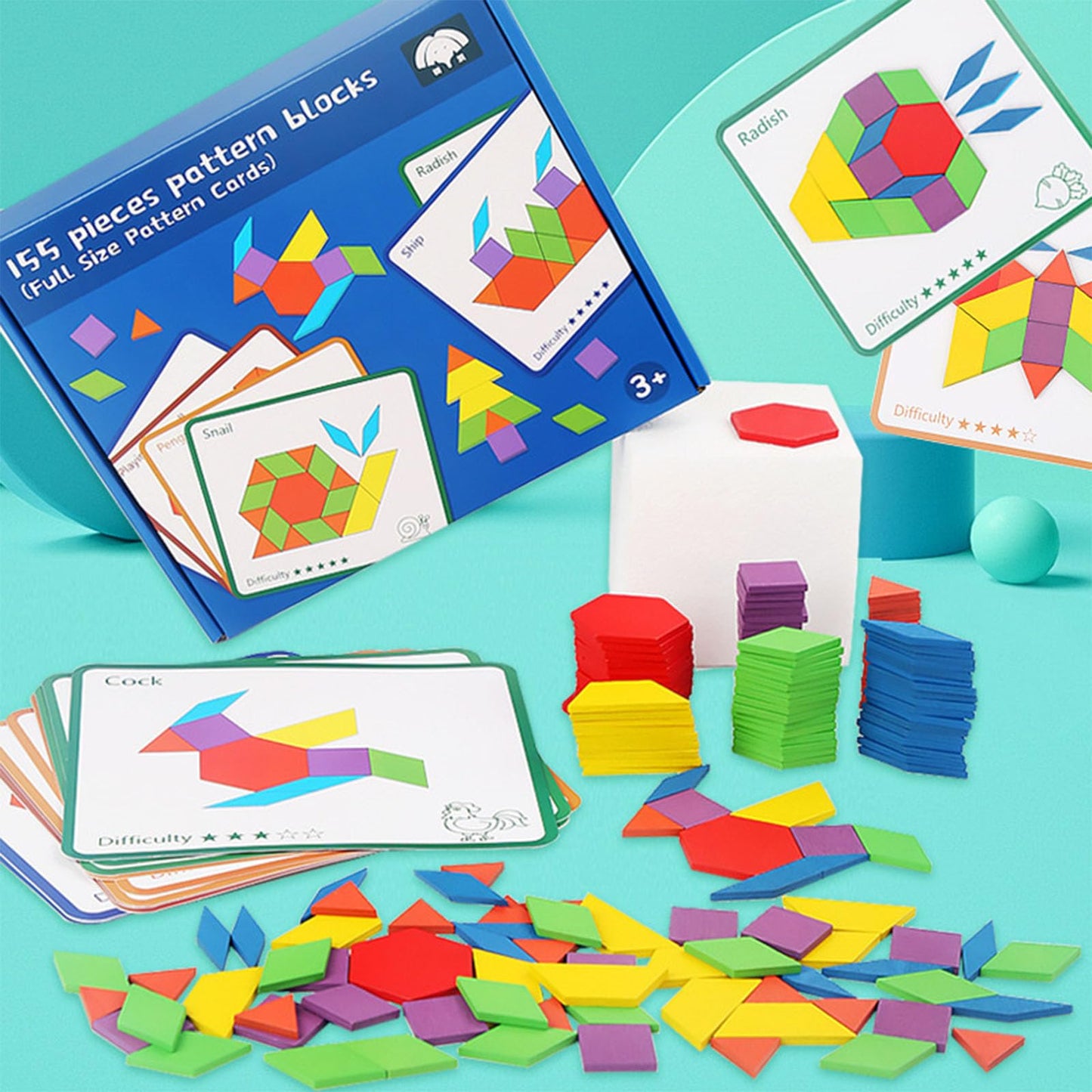 D-KINGCHY 155 Pcs Wooden Pattern Blocks – Geometric Shape Pattern Set for Kids 4–8