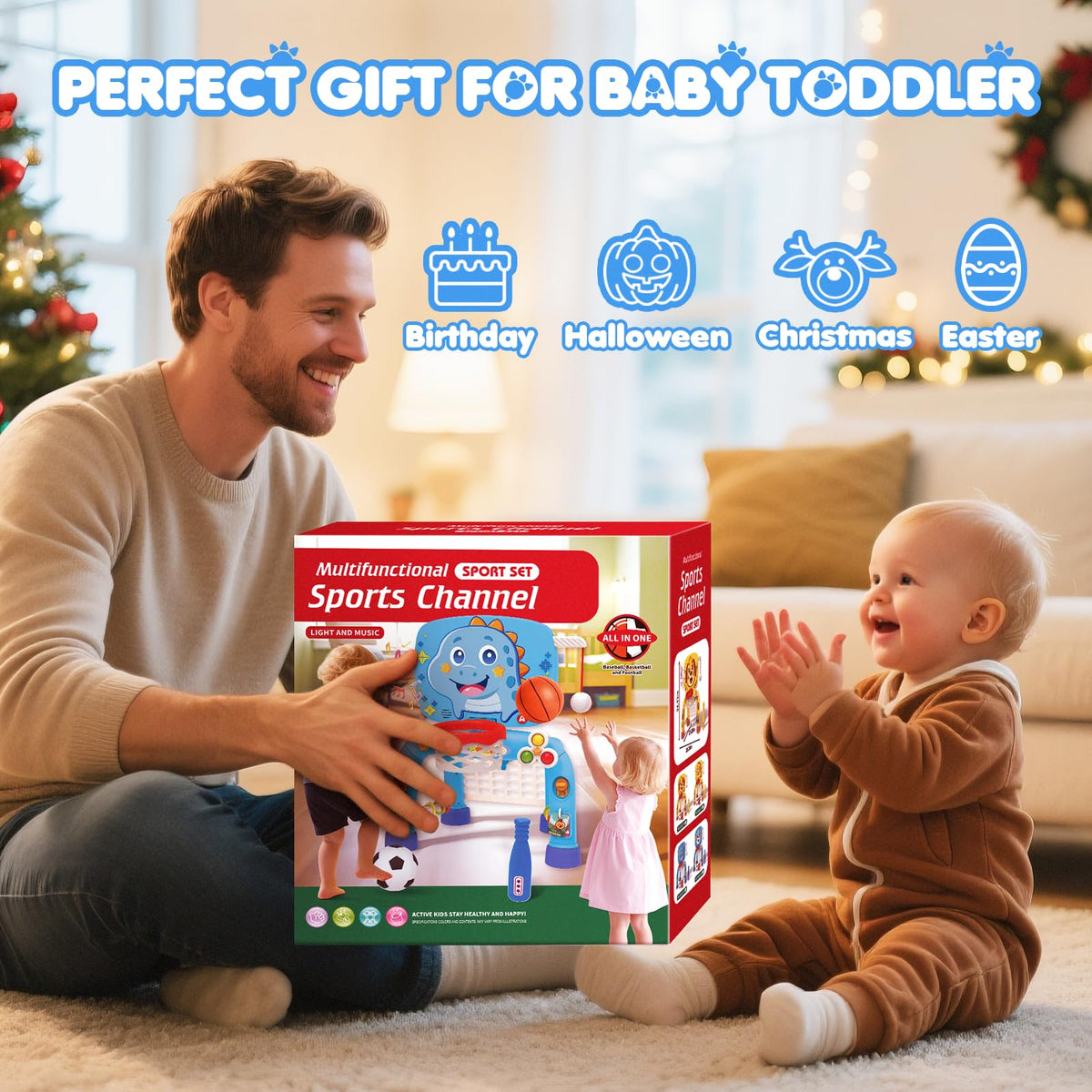 DADAPALS 3-in-1 Toddler Sports Center – Basketball, Soccer & Baseball for 12-18 Months (Baby Blue Dinosaur)