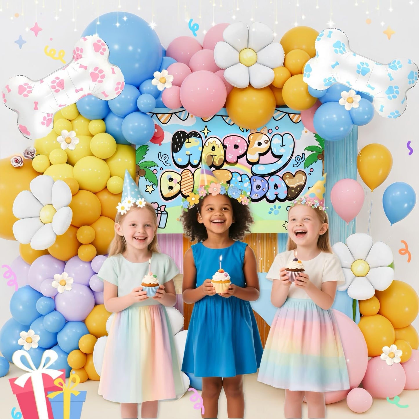 Daidle Blue Dog Birthday Party Decor Kit – Cartoon Balloon Arch, Backdrop & Fringe Curtains
