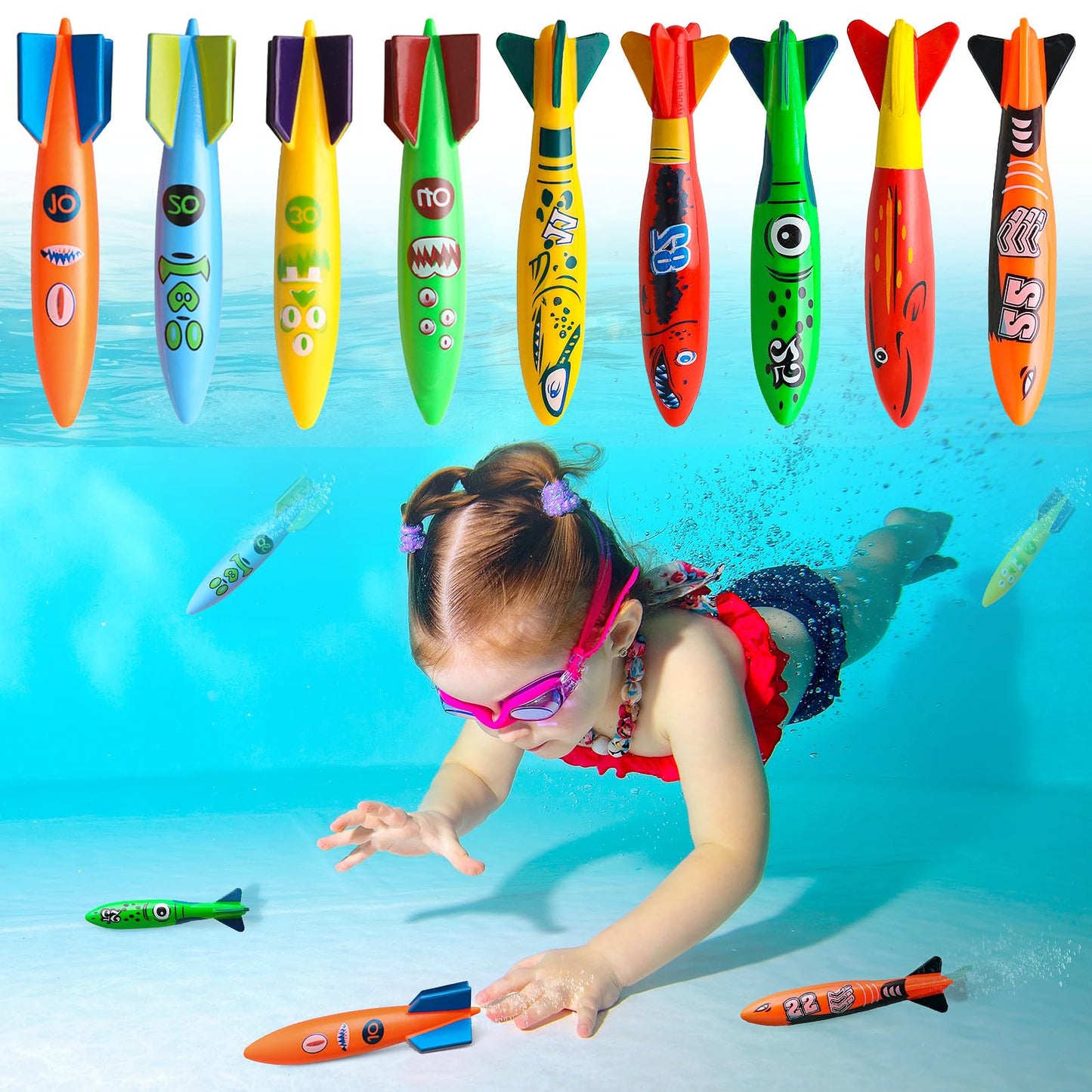Daisiki Dive Rings Pool Toys - 9-Piece Torpedo & Ring Set for Kids 4–8