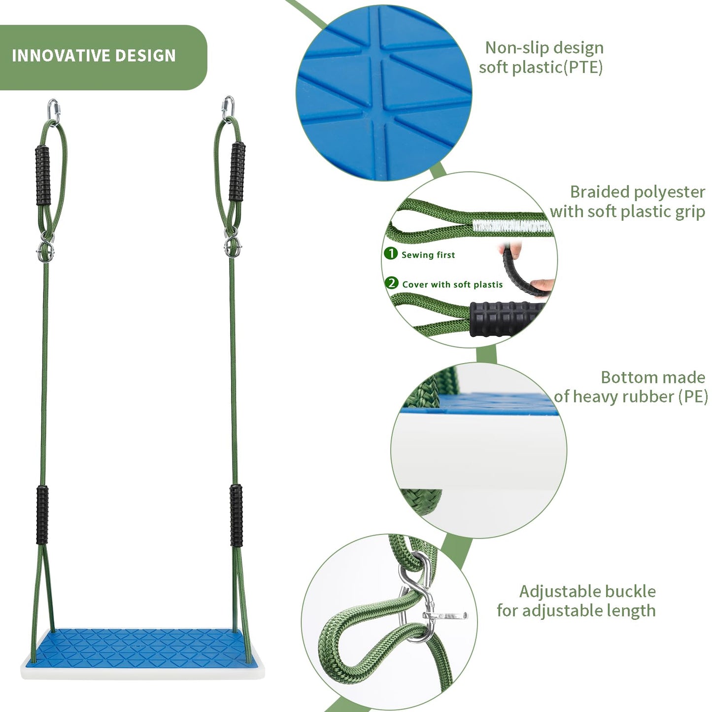 Dakzhou Heavy Duty Swing Seat Non-Slip with Tree Rope – Adjustable Outdoor Kids Swing