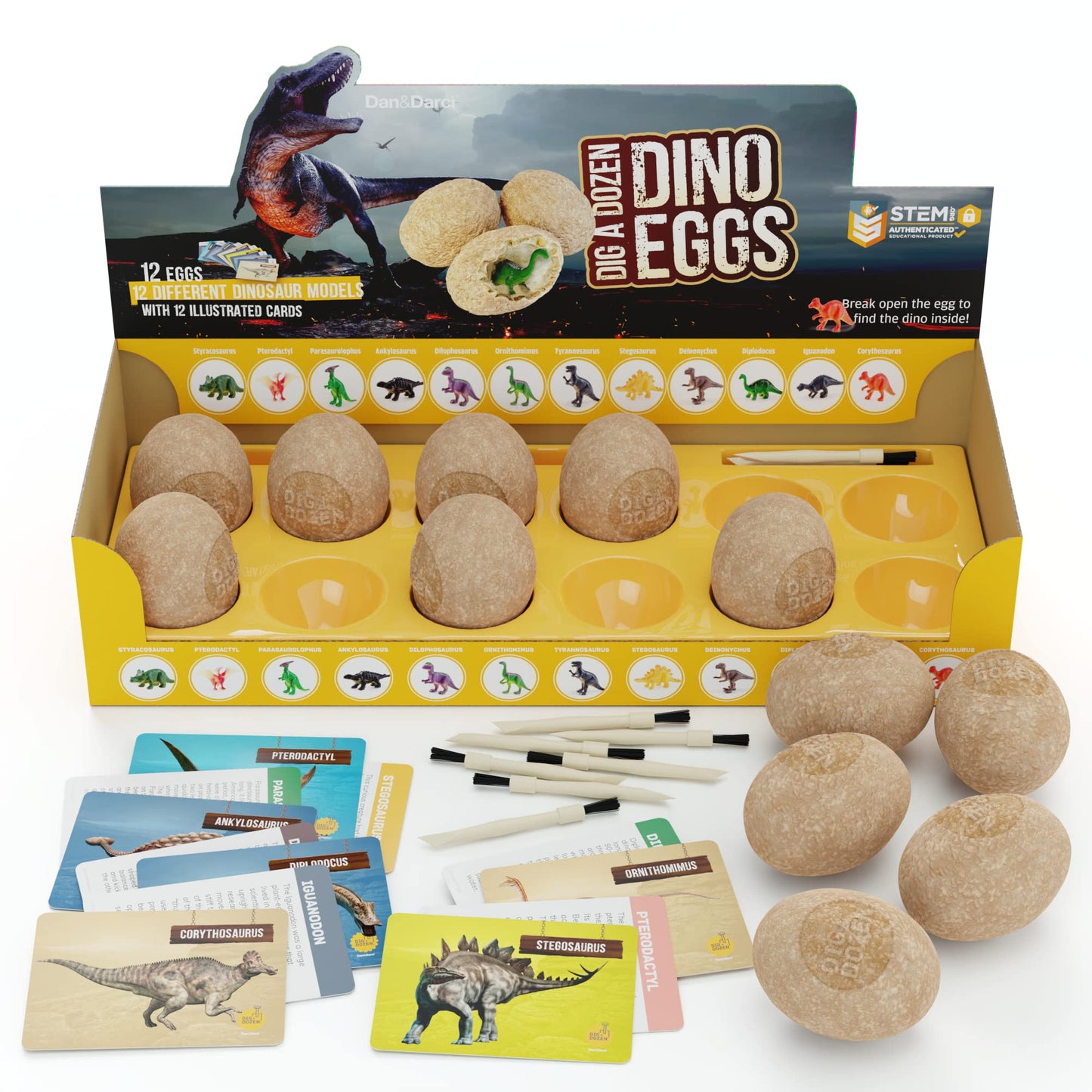 Dan&Darci Dig a Dozen Dino Egg Kit for Kids – 12 Eggs & Surprise Dinosaurs – STEM Dino Dig Activity
