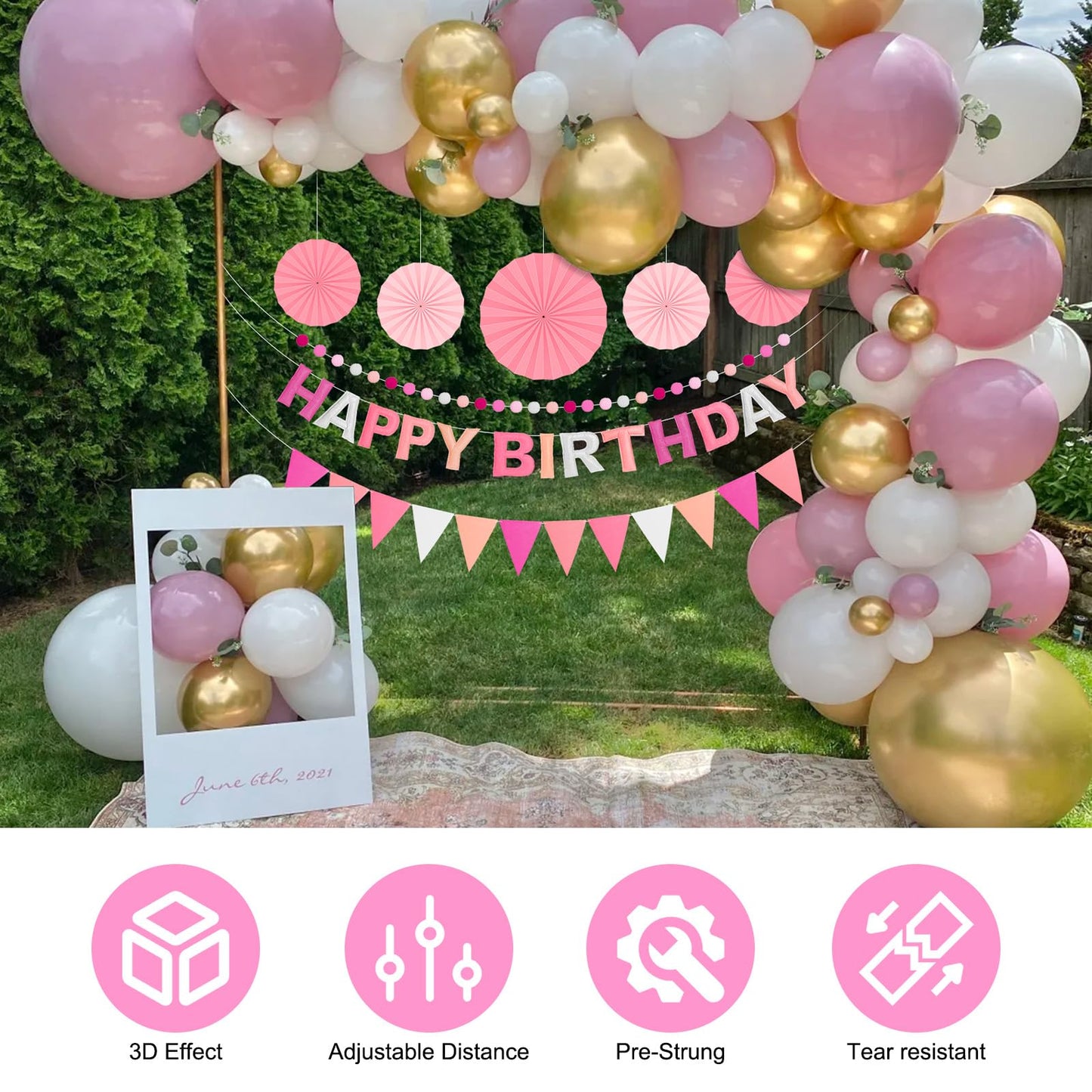 Danadia Pre-Strung 3D Felt Happy Birthday Banner – Reusable Pink Party Decorations