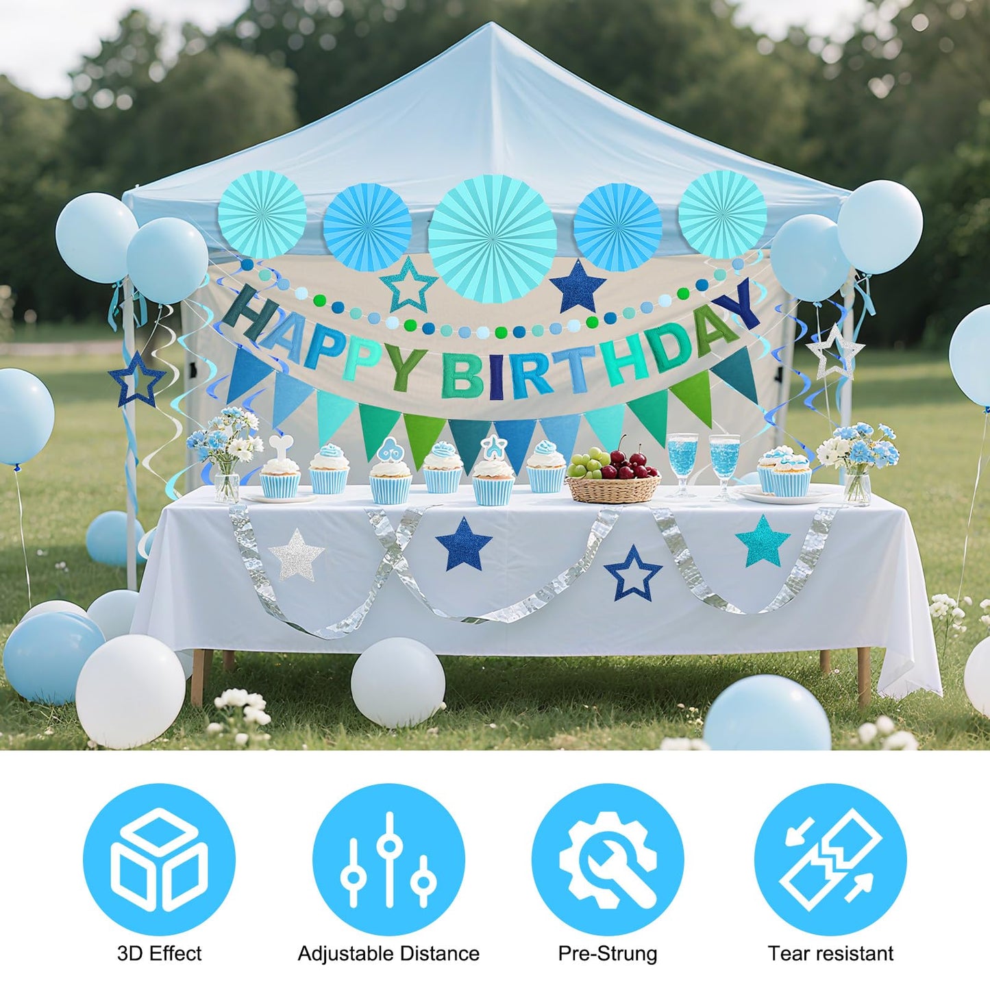 Danadia Pre-Strung 3D Felt Happy Birthday Banner – Reusable Blue Party Decorations