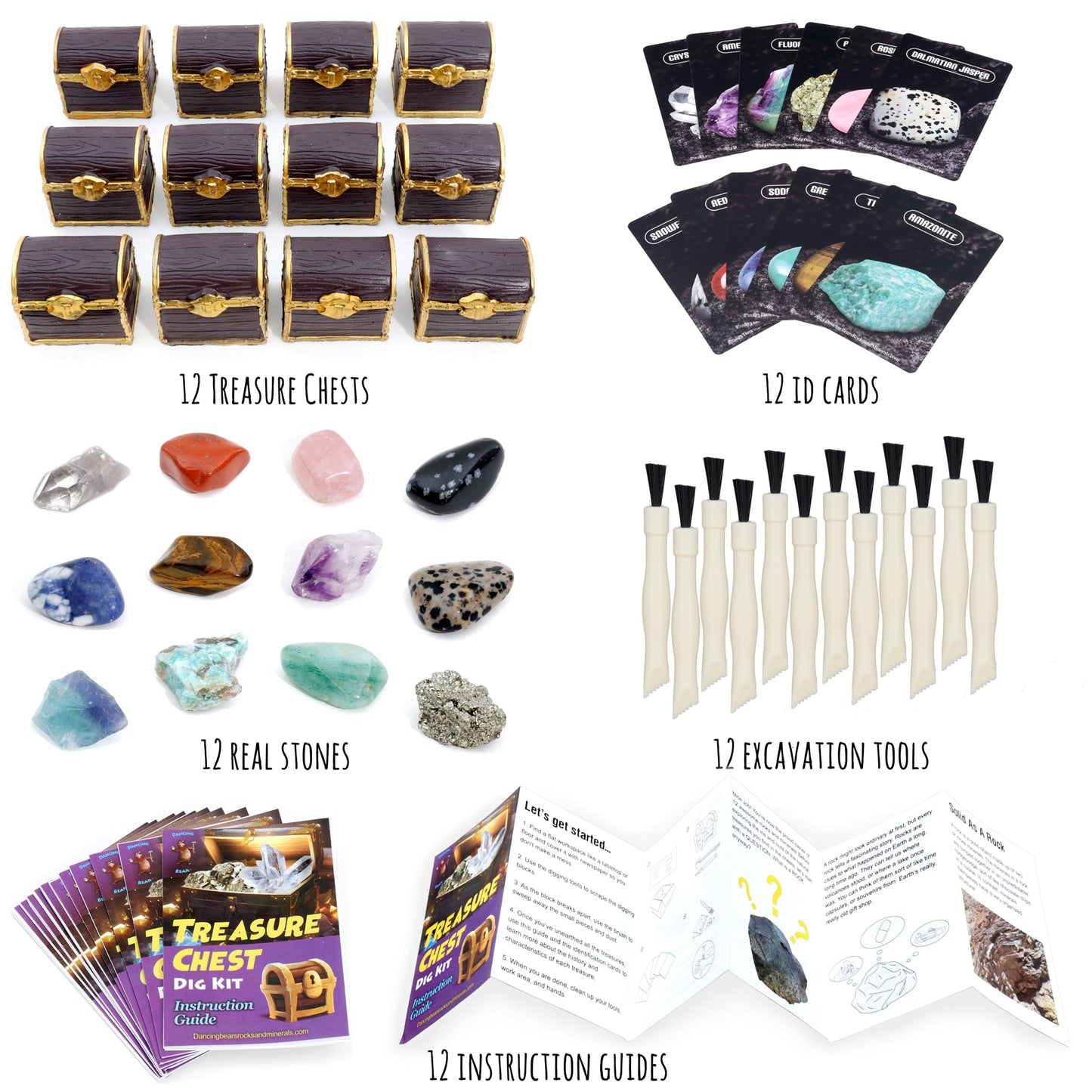 DANCING BEAR Treasure Chest Dig Kit Party Pack – 12 Gems & Crystals
