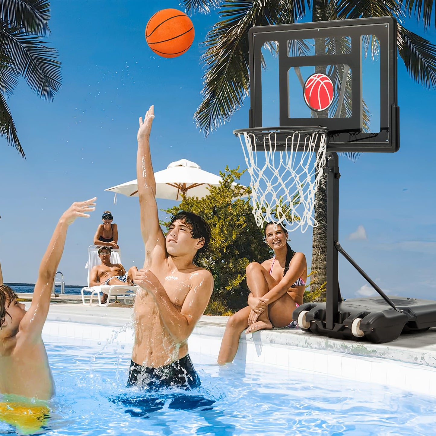 Danrelax 32x23 Pool Basketball Hoop | Adjustable 3.1–4.1 ft, Includes Pump & Ball, Black