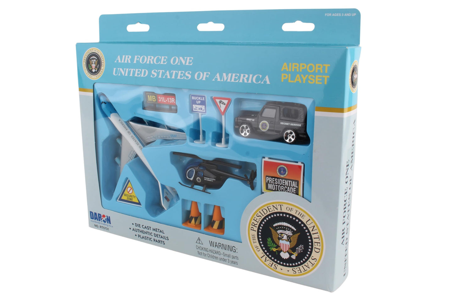 Daron Airforce One United States Airport Playset – Die-Cast Plane, Jeep, Helicopter & Signs