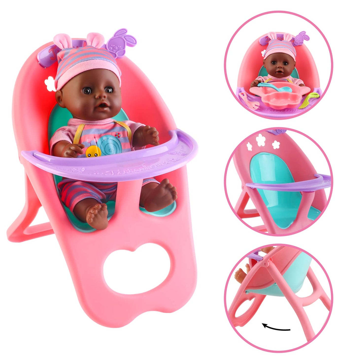deAO Black Baby Doll Set – 21-Piece Play Set with Doll, Mobile, High Chair & More