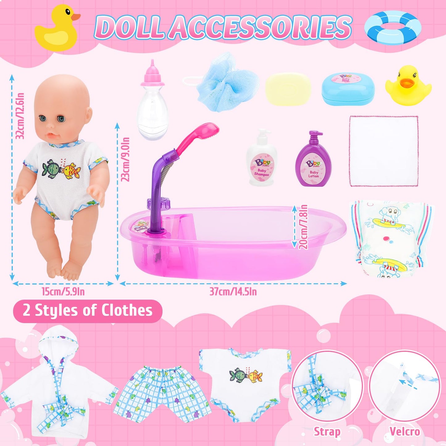 deAO Baby Doll Bath Set – 13-Inch Doll with Working Shower & Accessories
