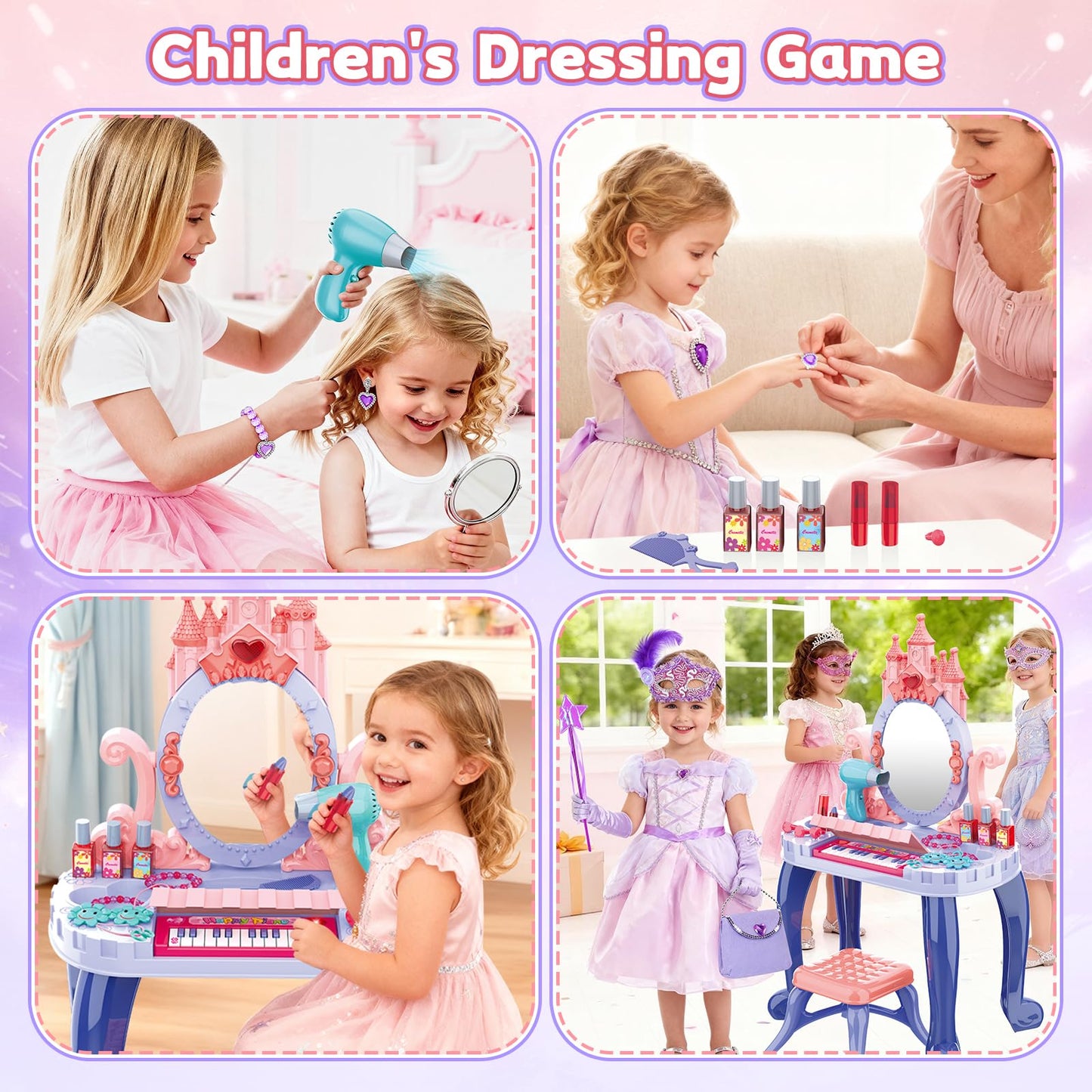 DeAO Toddler Vanity Table with Mirror and Piano – Blue Gift for Girls 3+