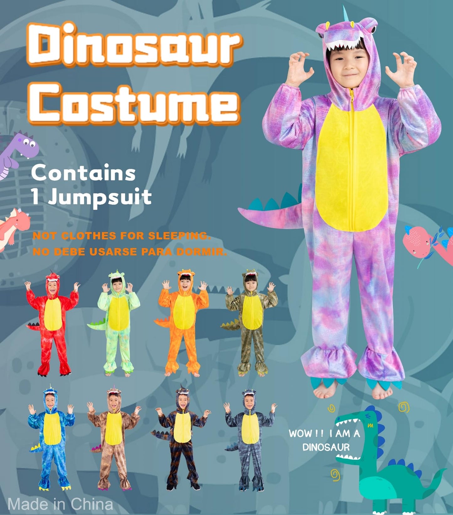 DearSun Child's T-Rex Dinosaur Costume – Hooded Jumpsuit, Front-Zip, Purple (XS/90)