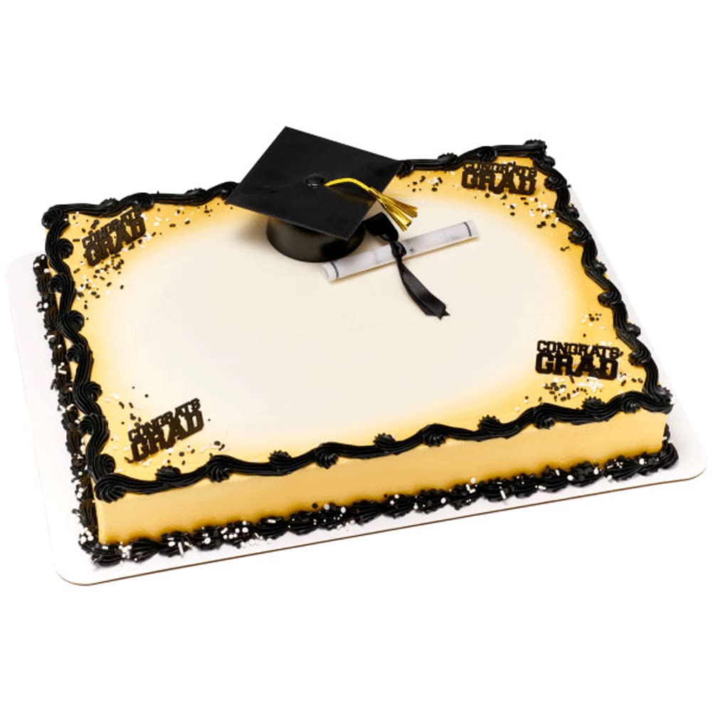 DecoPac Plastic Graduation Cap Cake Topper with Large Paper Diploma – Black