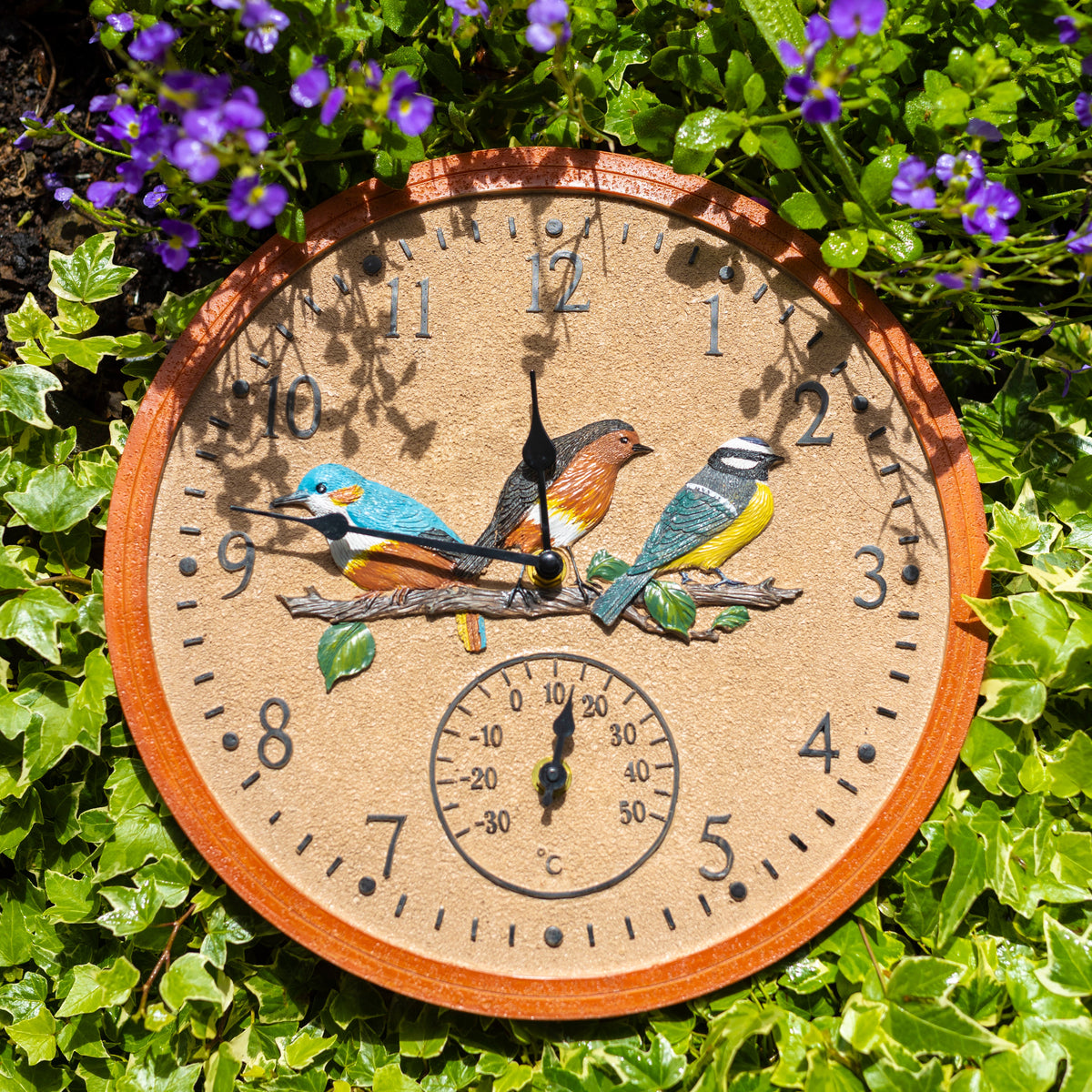 30cm Vintage Bird Wall Clock and Thermometer Weatherproof