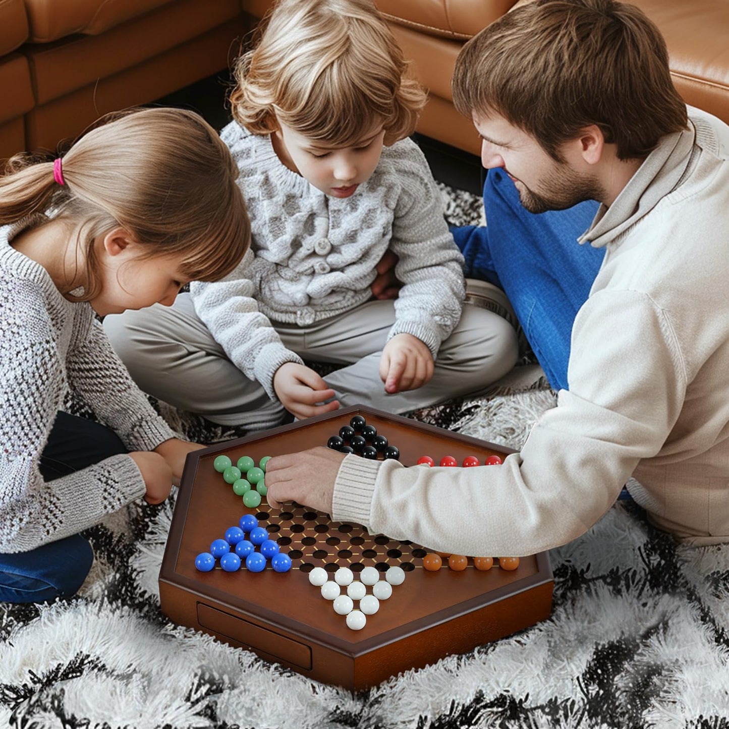 DecoWoodo 15-Inch Large Wooden Chinese Checkers Board with 16mm Glass Marbles (2-6 Players)