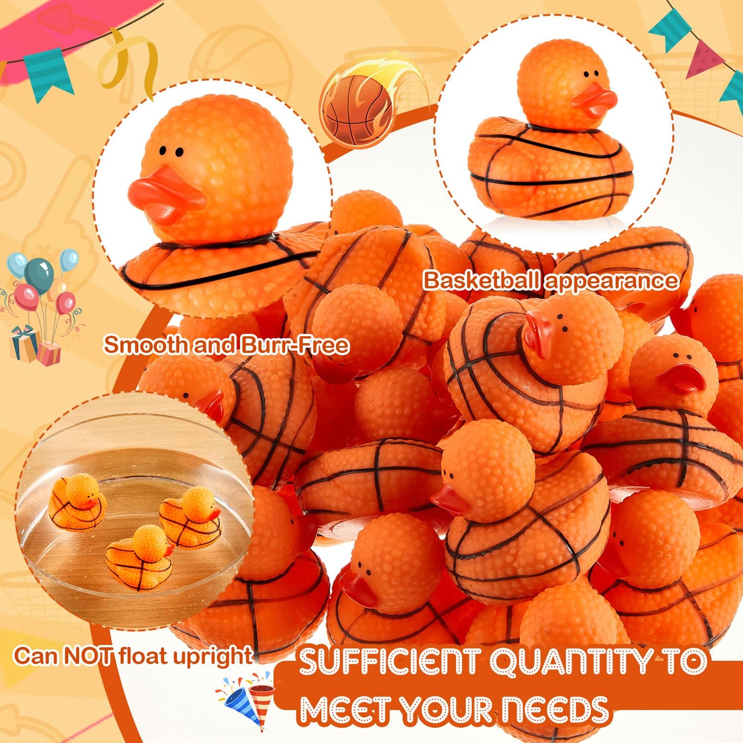 Deekin Basketball Rubber Ducks 24-Pack – 2-Inch Bulk Party Favors for Sports Events