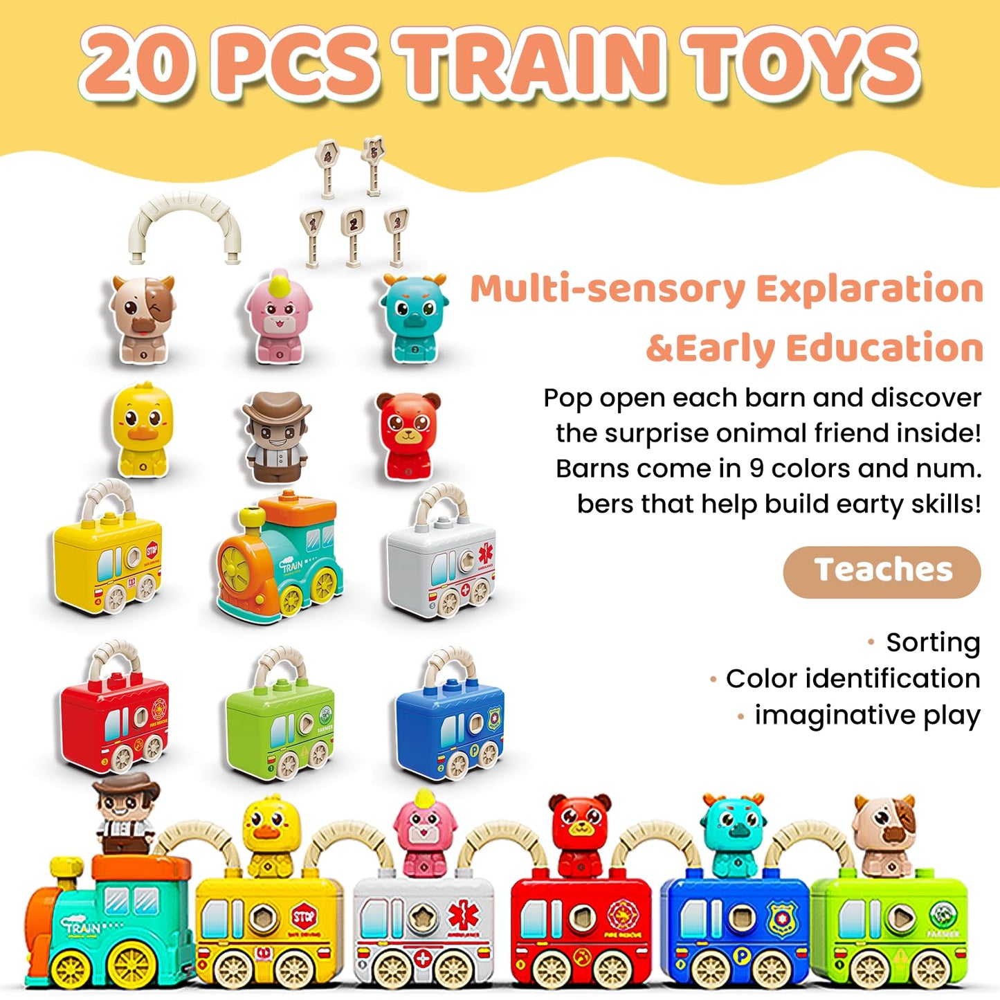 DEGIDEGI Montessori Train Toys for Toddlers – Lights & Sounds, 6 Vehicles, Lock & Key, Animal Puppets