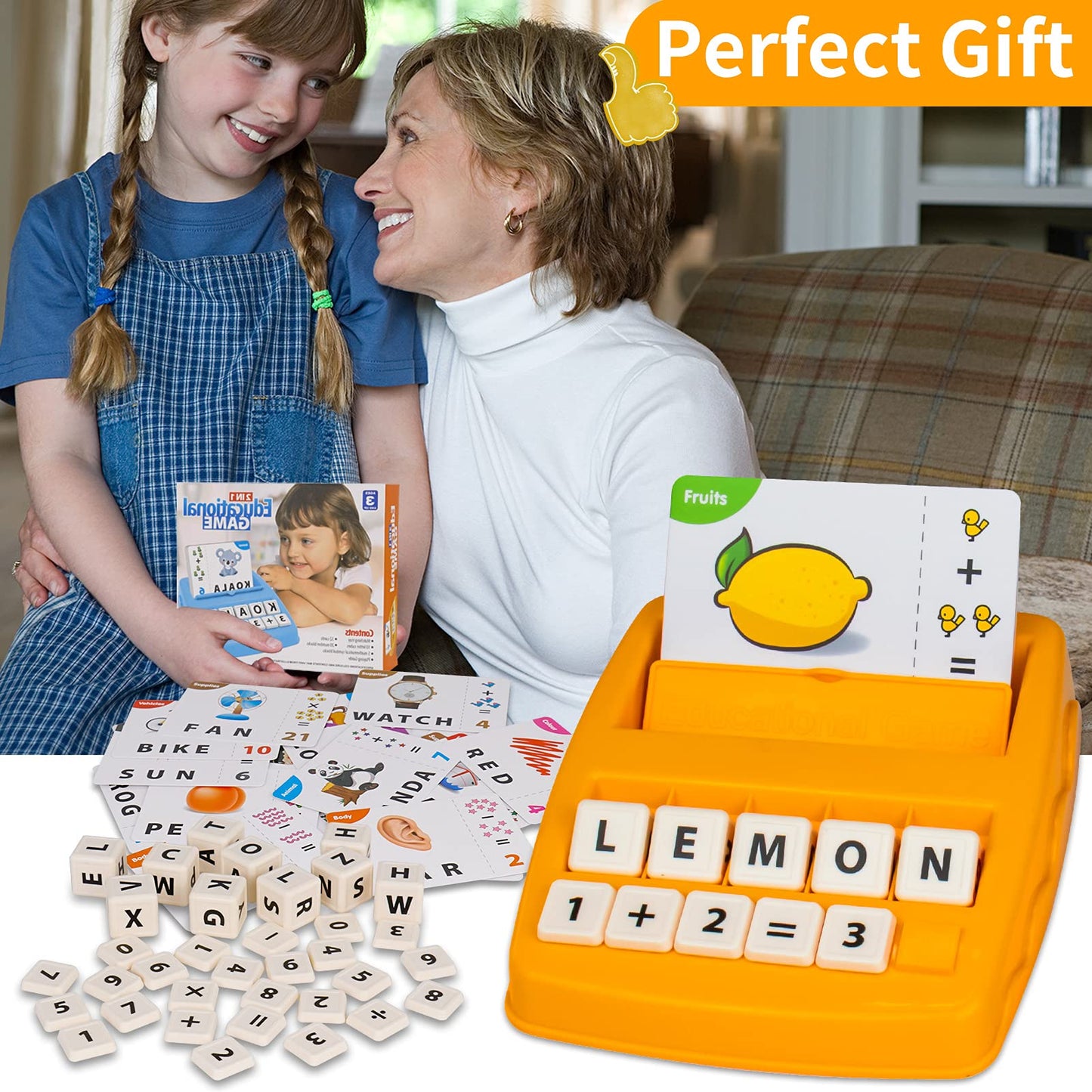 DEGIDEGI Educational Toys for Kids 3-8 | Letter & Math Matching Game – 32 Flashcards, 10 Cubes, 20 Blocks | Yellow