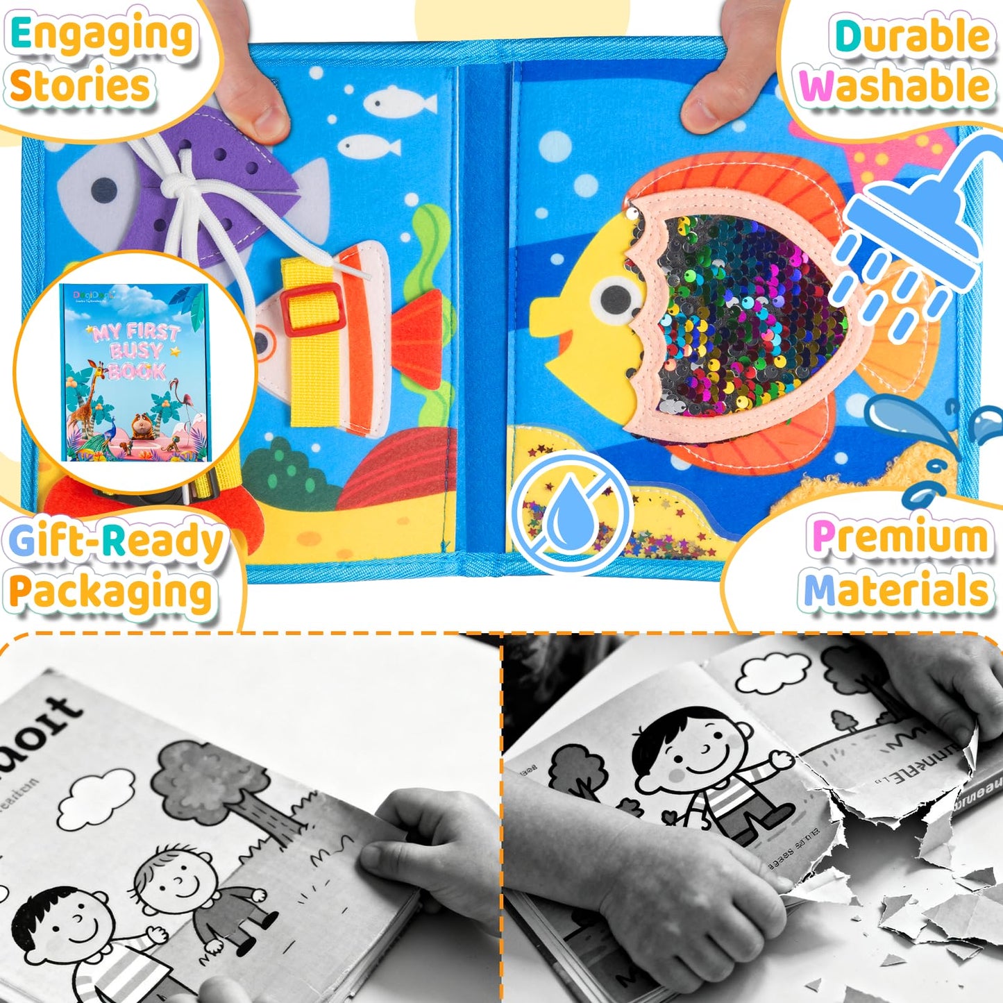 DEGIDEGI Montessori Busy Book for Toddlers — Educational Sensory Activity & Quiet Travel Toy (Deep Blue)