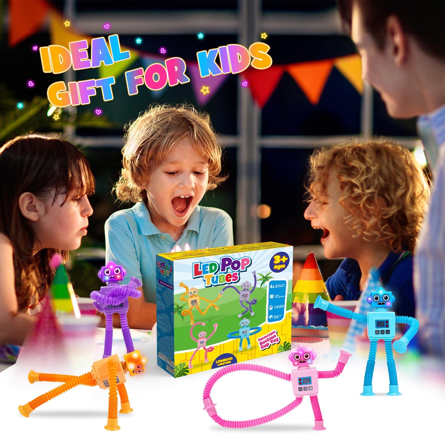 Delighkidz Robot Fidget Toys - 4-Pack LED Pop Tubes with Suction Cups
