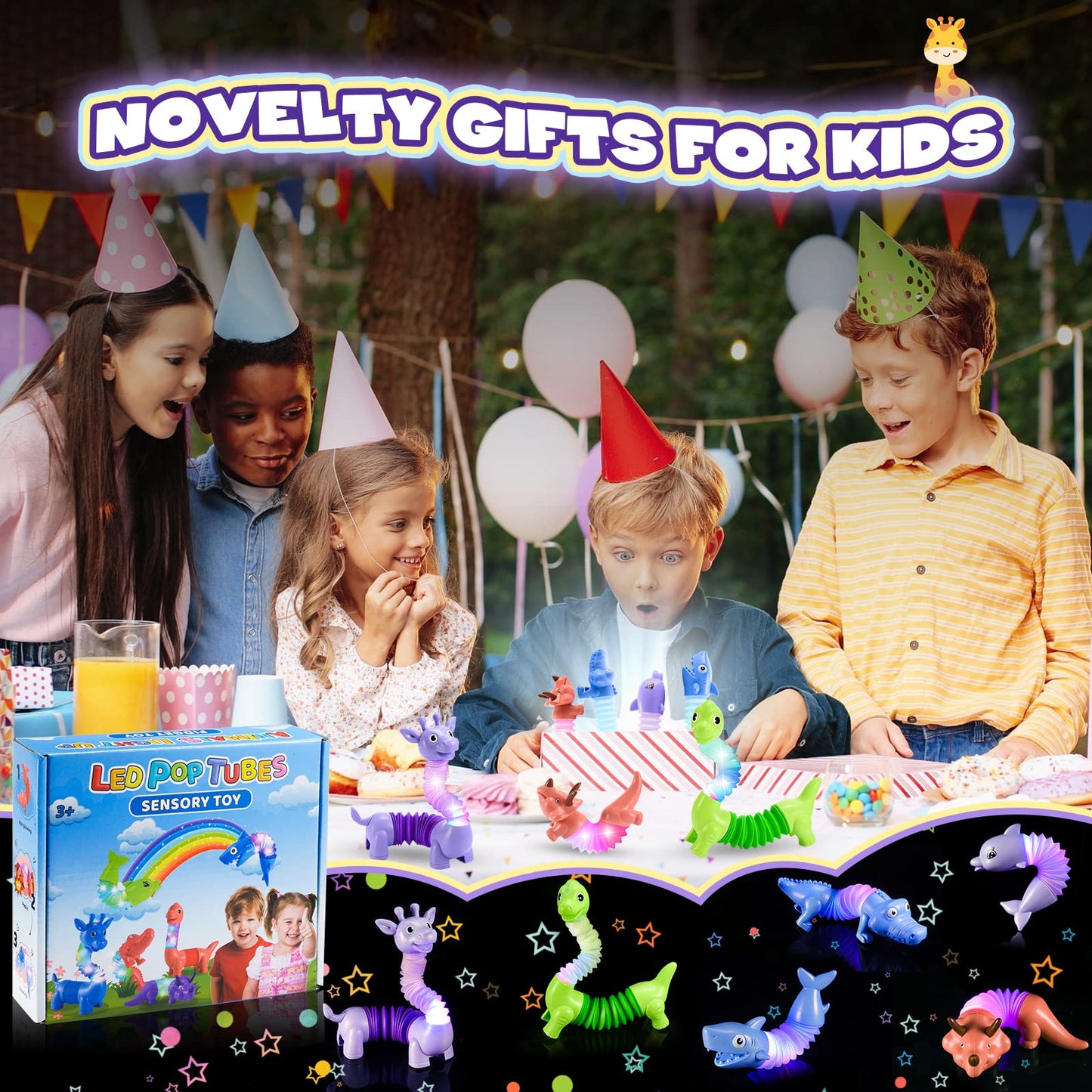 Delighkidz 6-Pack LED Animal Pop Tubes - Sensory Fidget Toys for Toddlers Aged 3-8