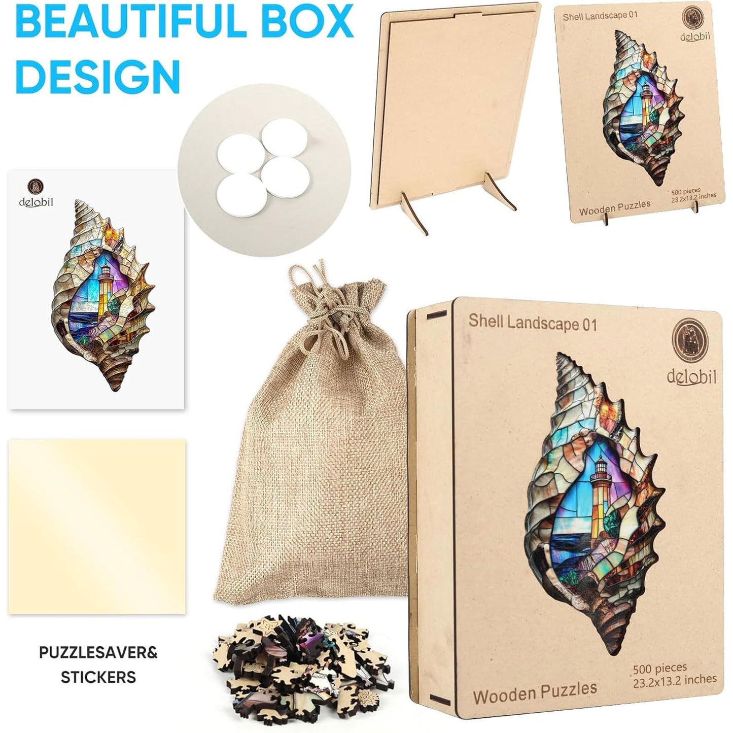 Delobil Shell Landscape 500-Piece Wooden Puzzle – Unique Coastal Design (23.2 x 13.2 in)
