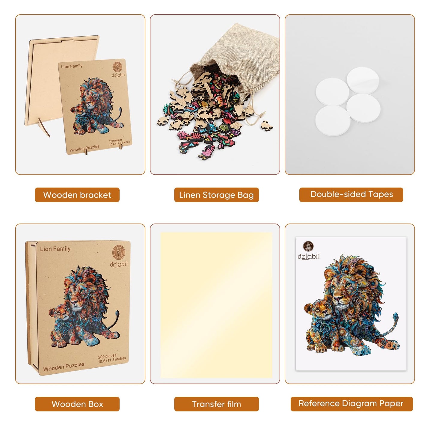 Delobil Lion Family Wooden Puzzle – 200-Piece Unique Shapes for Adults & Kids (10.6 x 11.3 in)